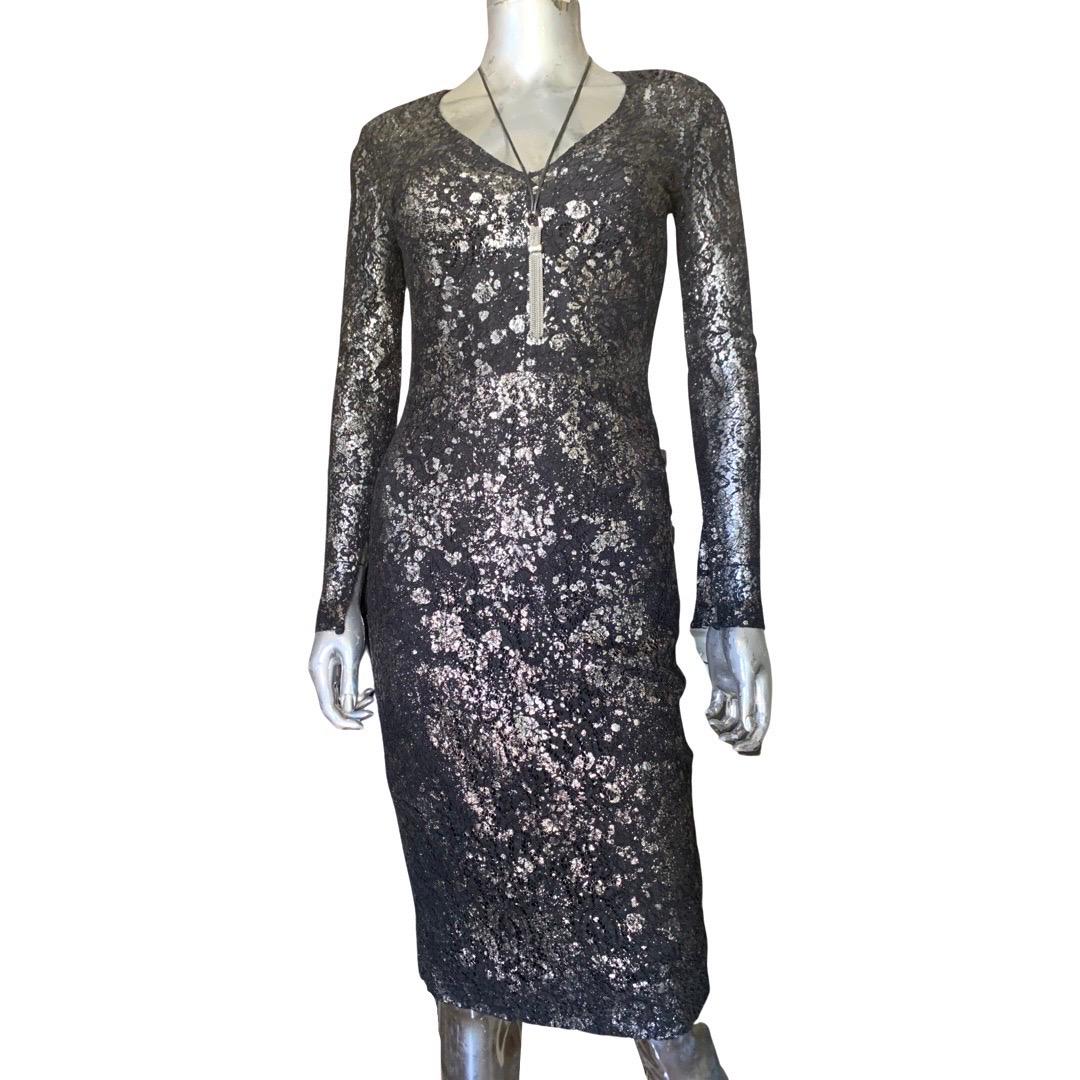Lela Rose Sexy Silver Metallic Splatter Print on Black Lace Dress Size 0 For Sale 3