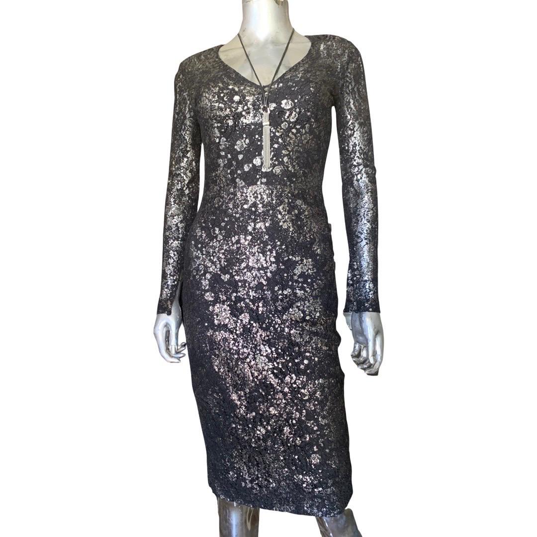 Lela Rose Sexy Vestido de Encaje Negro con Estampado Salpicado Plateado Talla 0 en venta 3