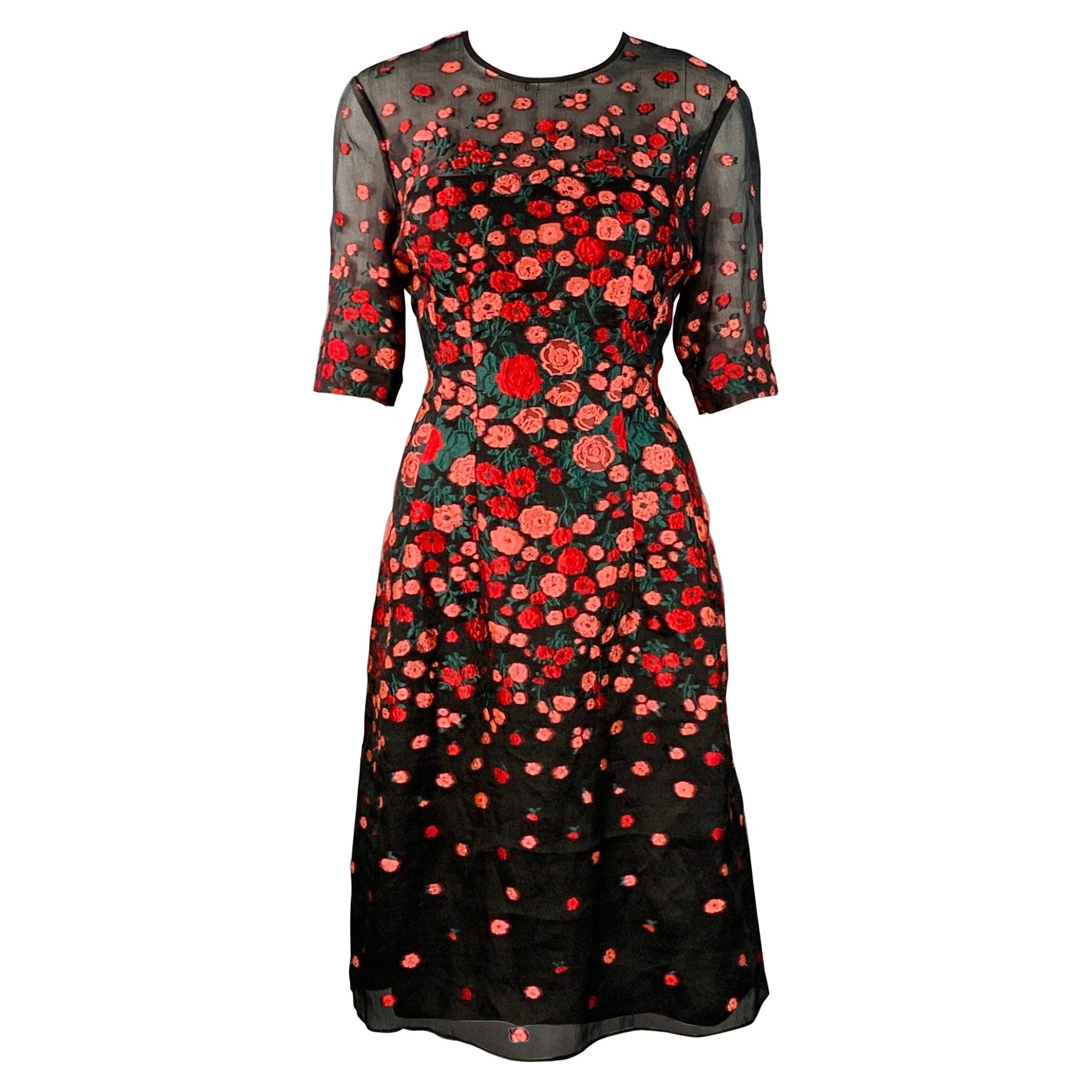 LELA ROSE Size 6 Black Red Silk Blend Floral Evening Cocktail Dress