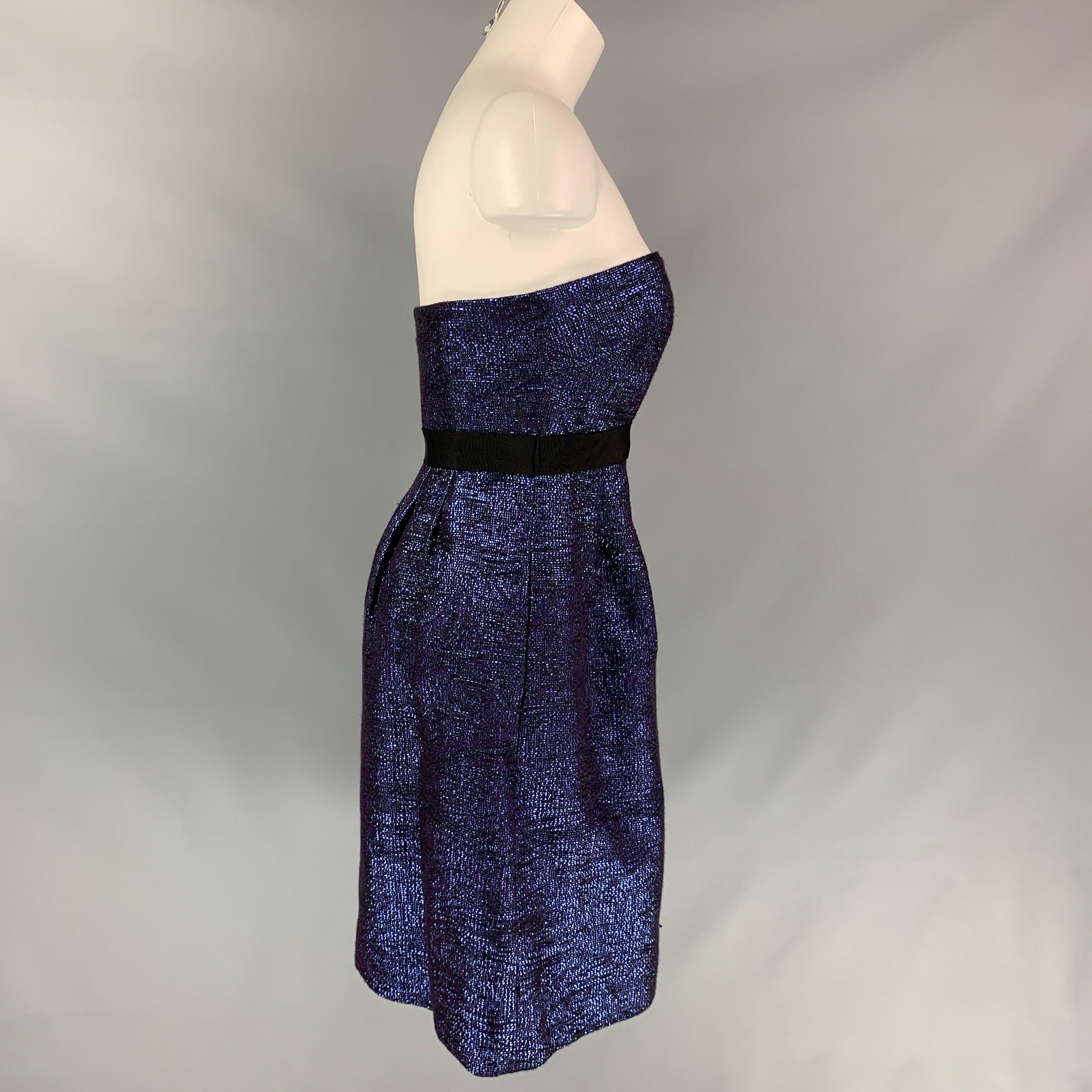 LELA ROSE Size 6 Blue & Black Acrylic Blend Woven Strapless Dress In Good Condition For Sale In San Francisco, CA