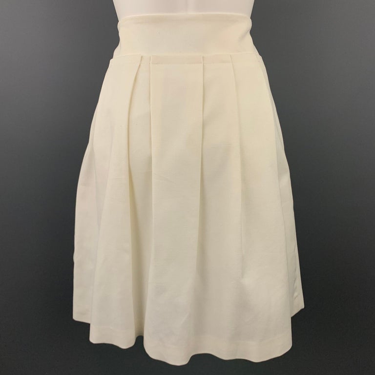 LELA ROSE Size 8 Cream Embroidered Cotton Blend Pleated Skirt In Good Condition In San Francisco, CA