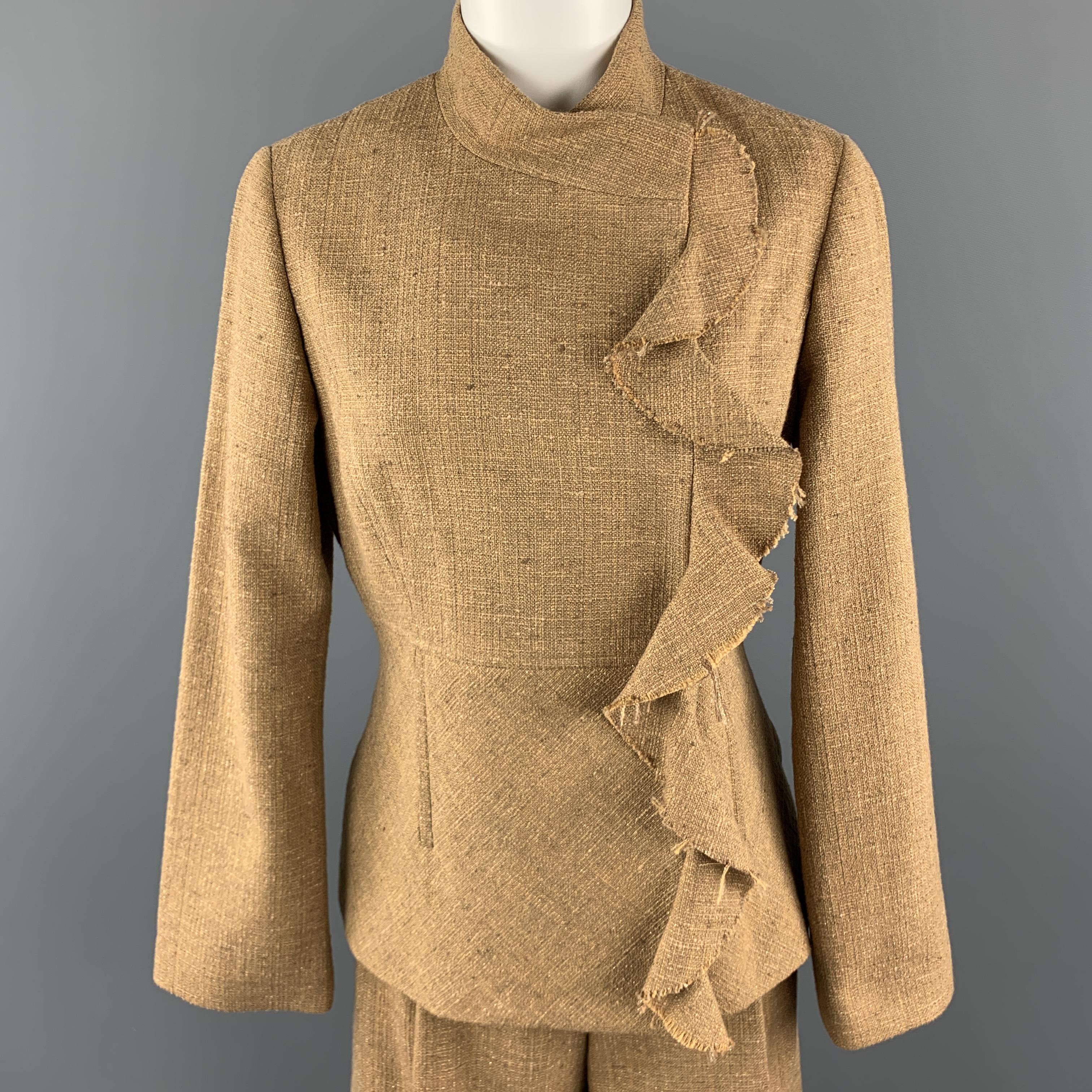 LELA ROSE Pants Set comes in tan and gold tones in a wool blend textured material, and includes a high collar ruffled double breasted Jacket, and a wide leg pleated buttoned pants. Made in USA.

Excellent Pre-Owned Condition.
Marked: