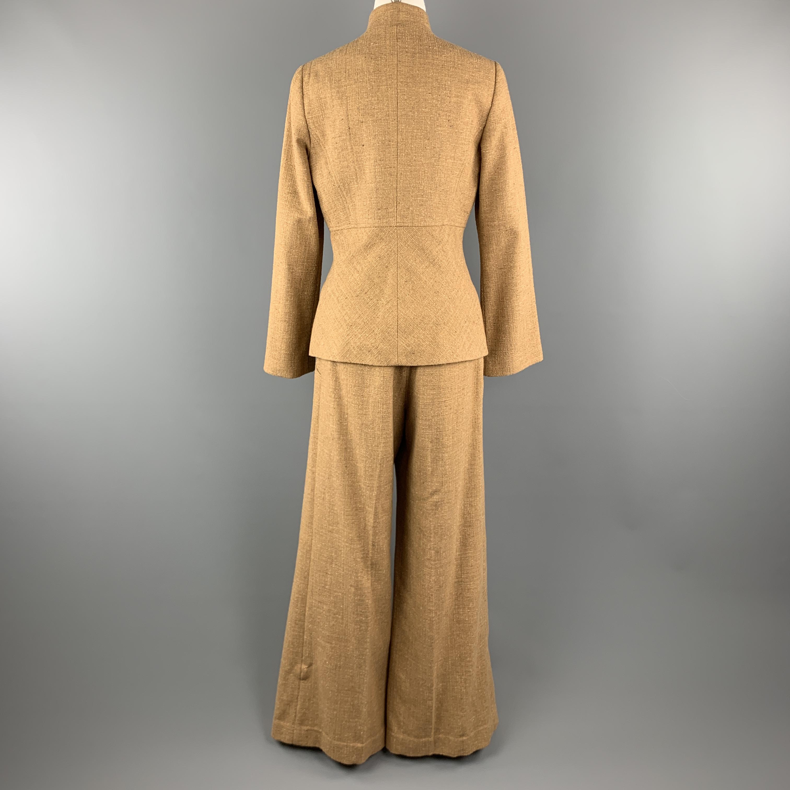 LELA ROSE Size 8 Tan Wool Blend Ruffled Pleated Wide Leg Pants Set In Excellent Condition In San Francisco, CA