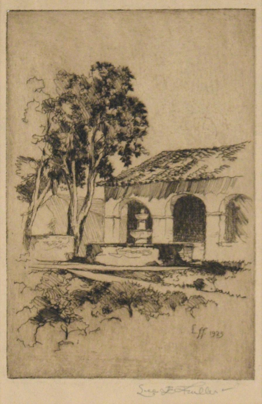 Palm Springs Courtyard with Fountain - Drypoint Etching on Paper - Print by Leland Fuller