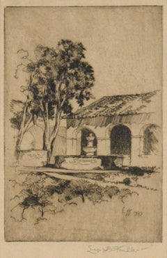 Palm Springs Courtyard with Fountain - Drypoint Etching on Paper