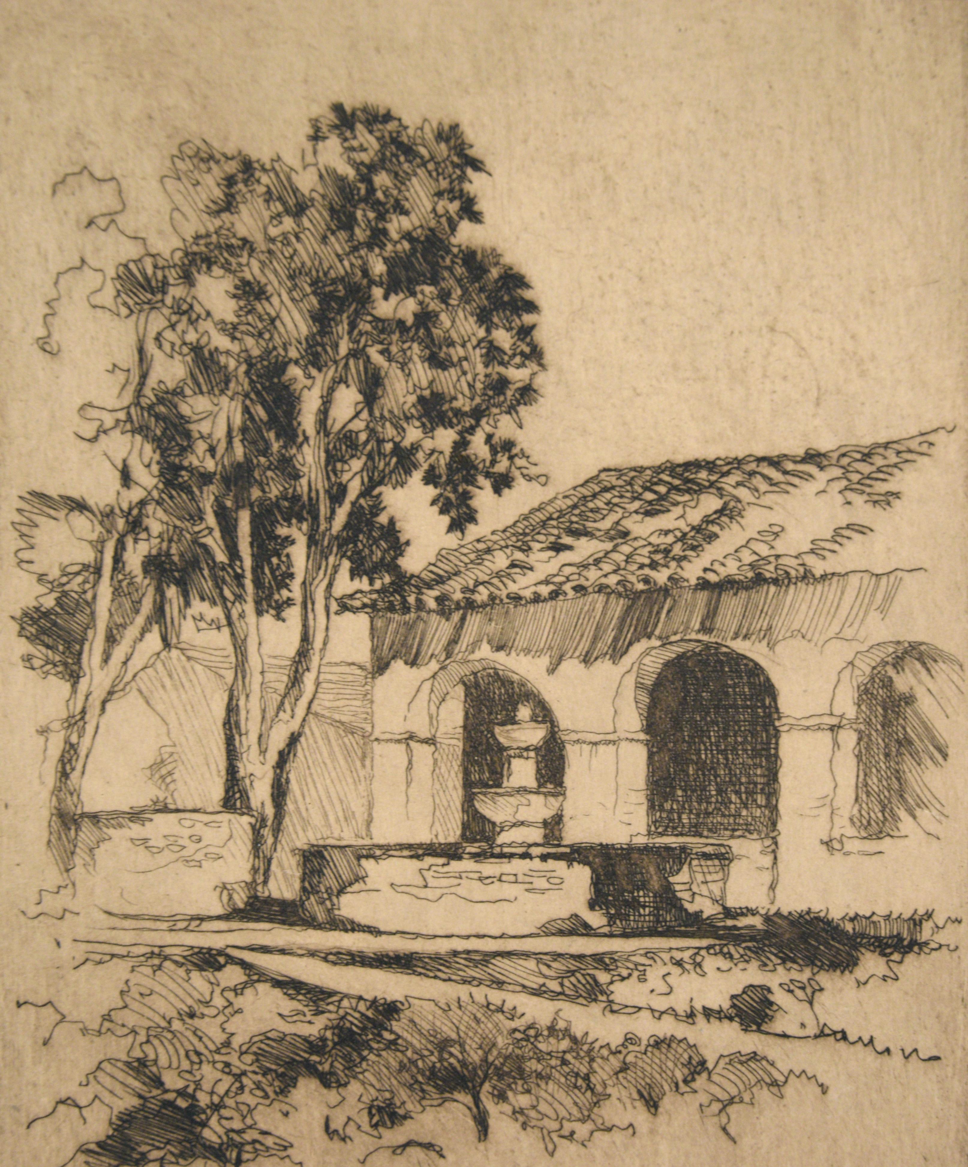 Palm Springs Courtyard mit Brunnen – Kaltnadelradierung auf Papier (Weiß), Landscape Print, von Leland Fuller