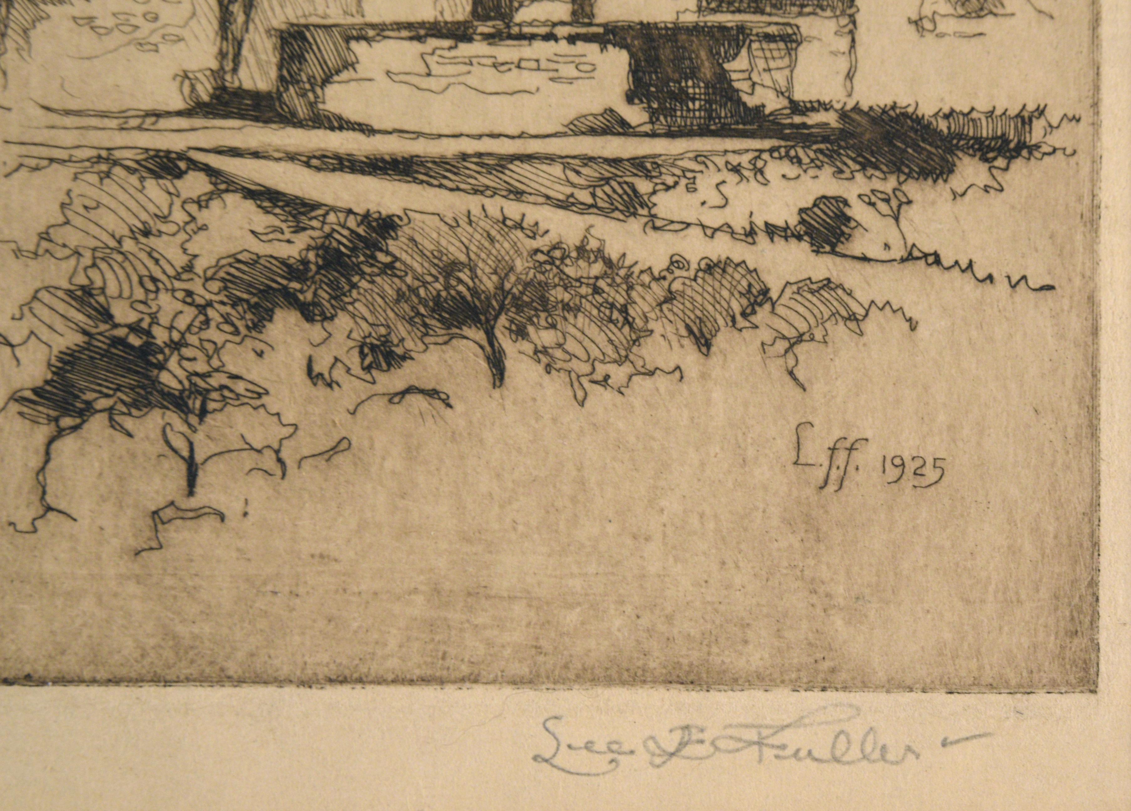 Palm Springs Courtyard with Fountain - Drypoint Etching on Paper - American Impressionist Print by Leland Fuller
