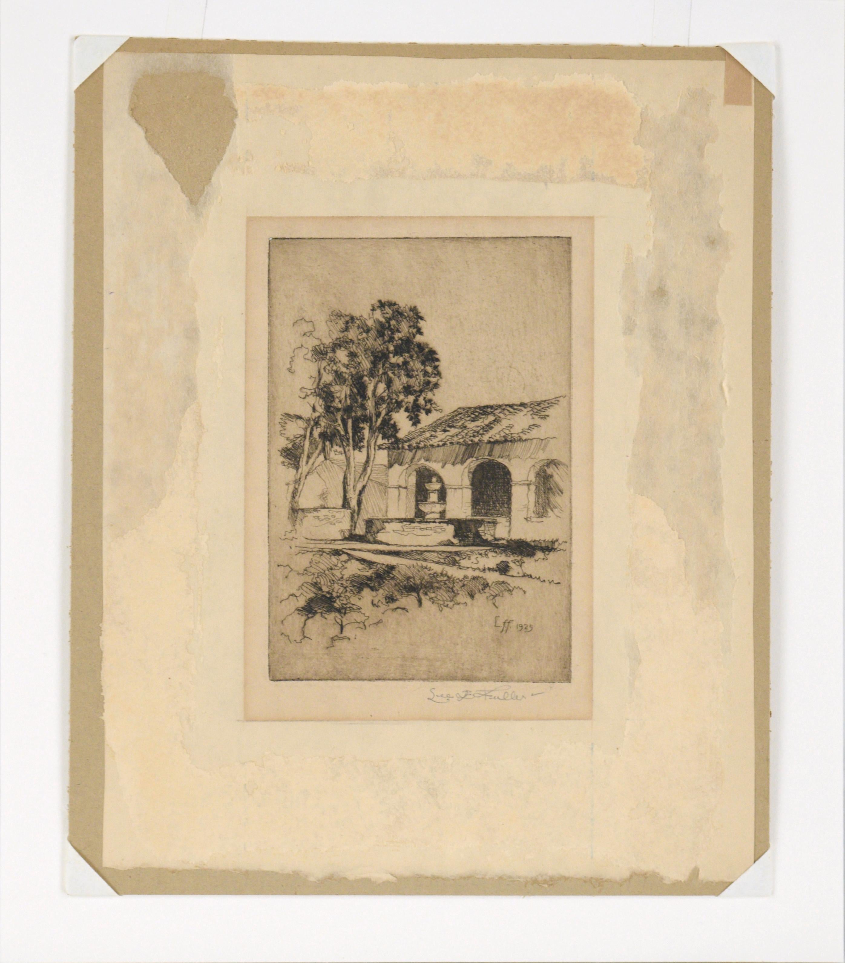 Palm Springs Courtyard with Fountain - Drypoint Etching on Paper - White Landscape Print by Leland Fuller