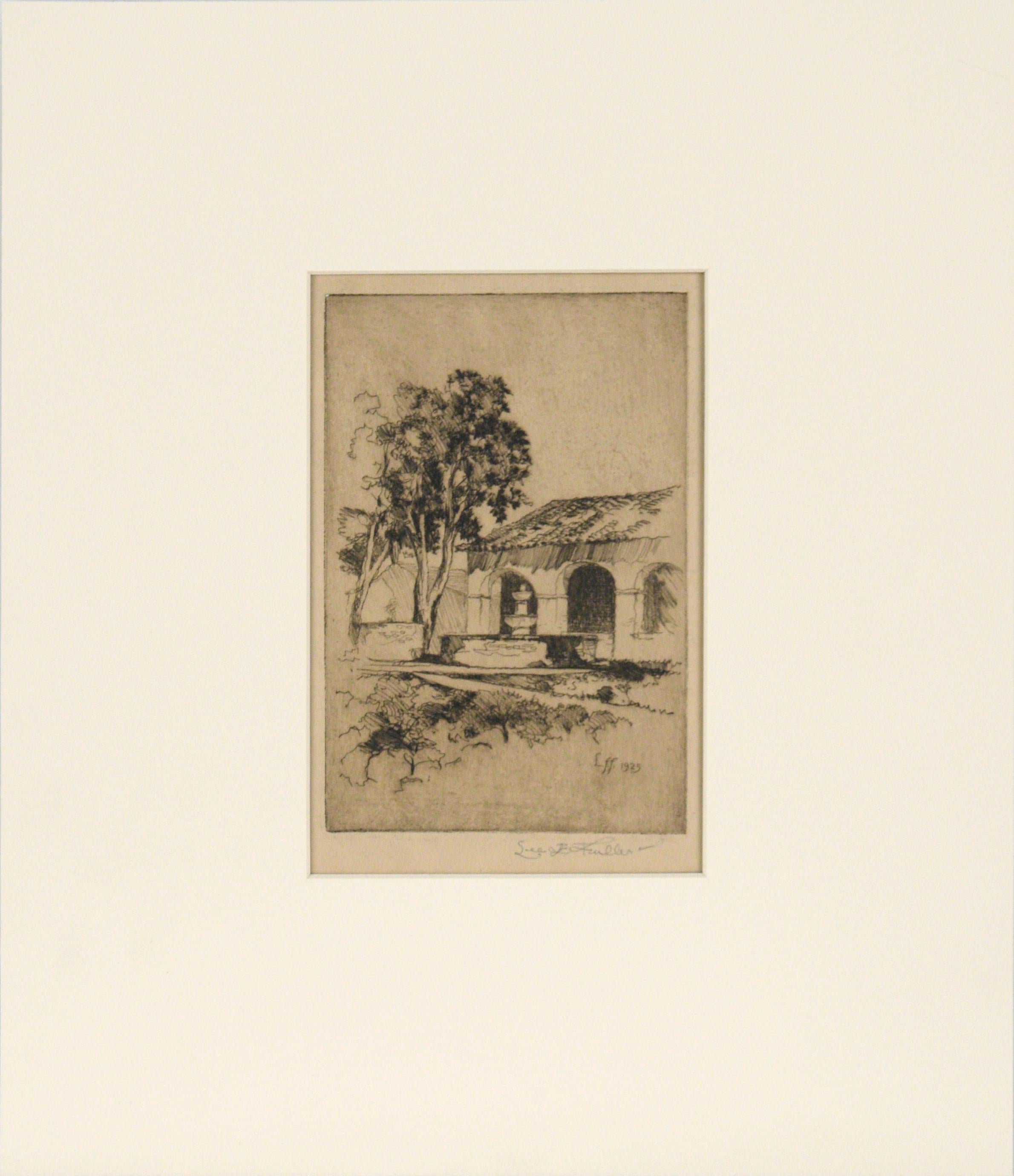 Leland Fuller Landscape Print - Palm Springs Courtyard with Fountain - Drypoint Etching on Paper