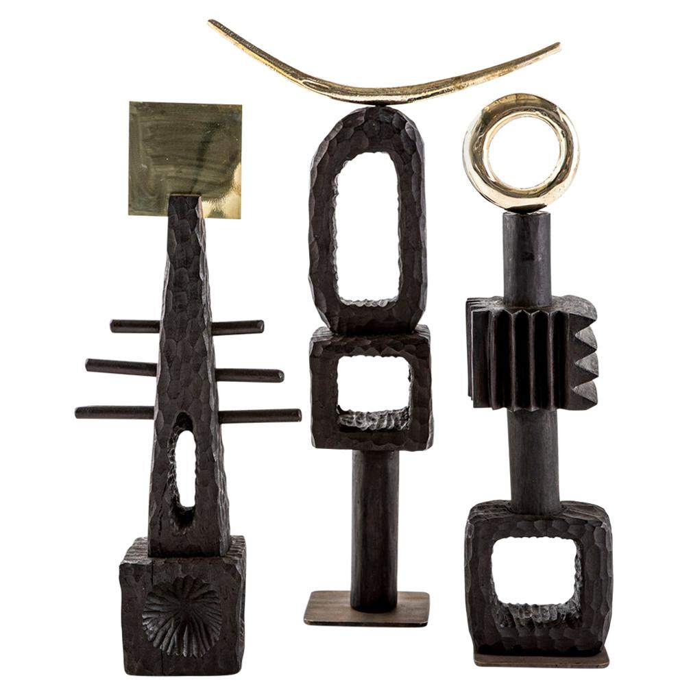 African Lelapa Hand Carved and Cast Solid Brass Decorative SQUARE TOTEM Sculpture Set For Sale