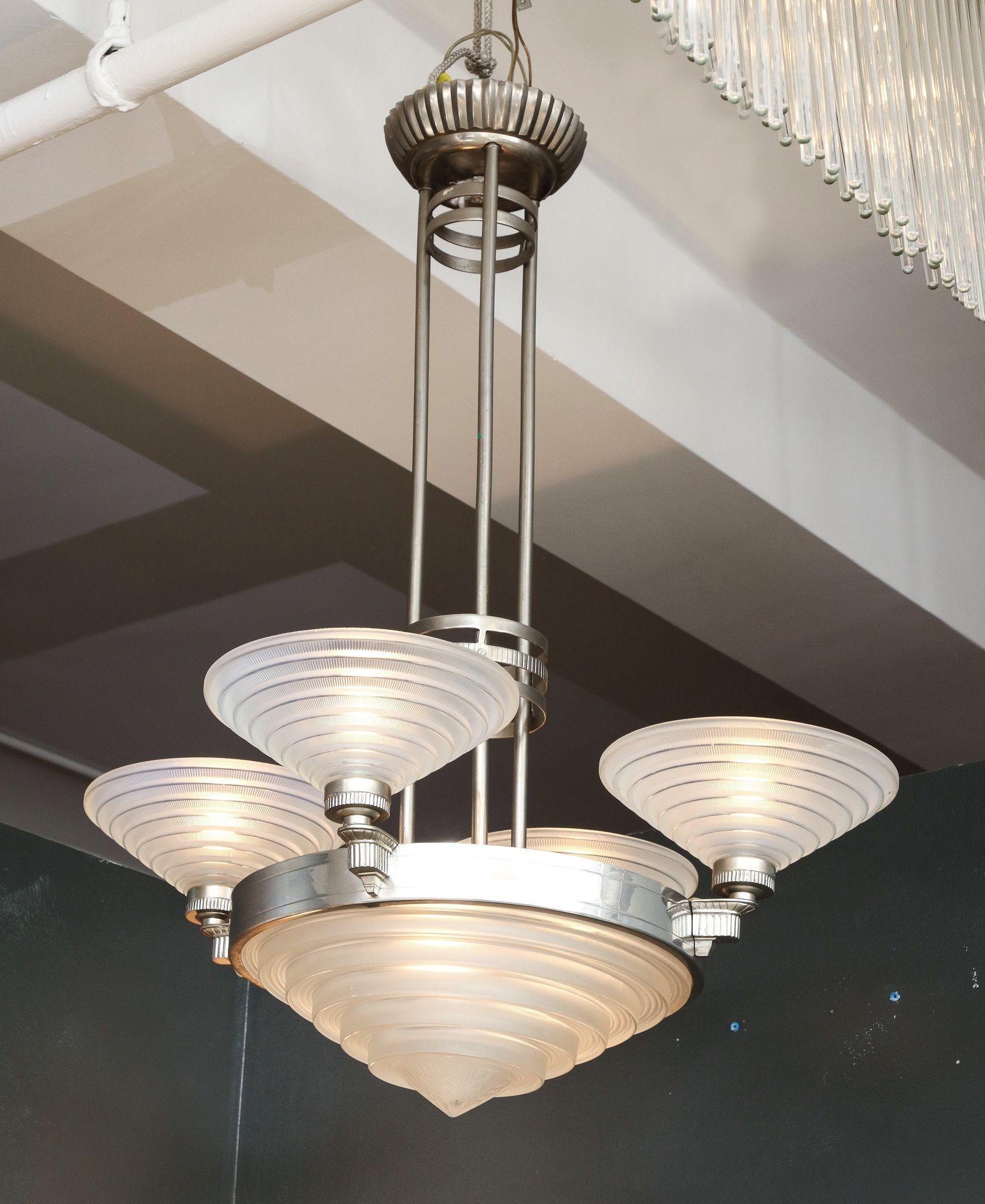 Plated Leleu Art Deco Four Arm Chandelier with Frosted Glass Shades For Sale