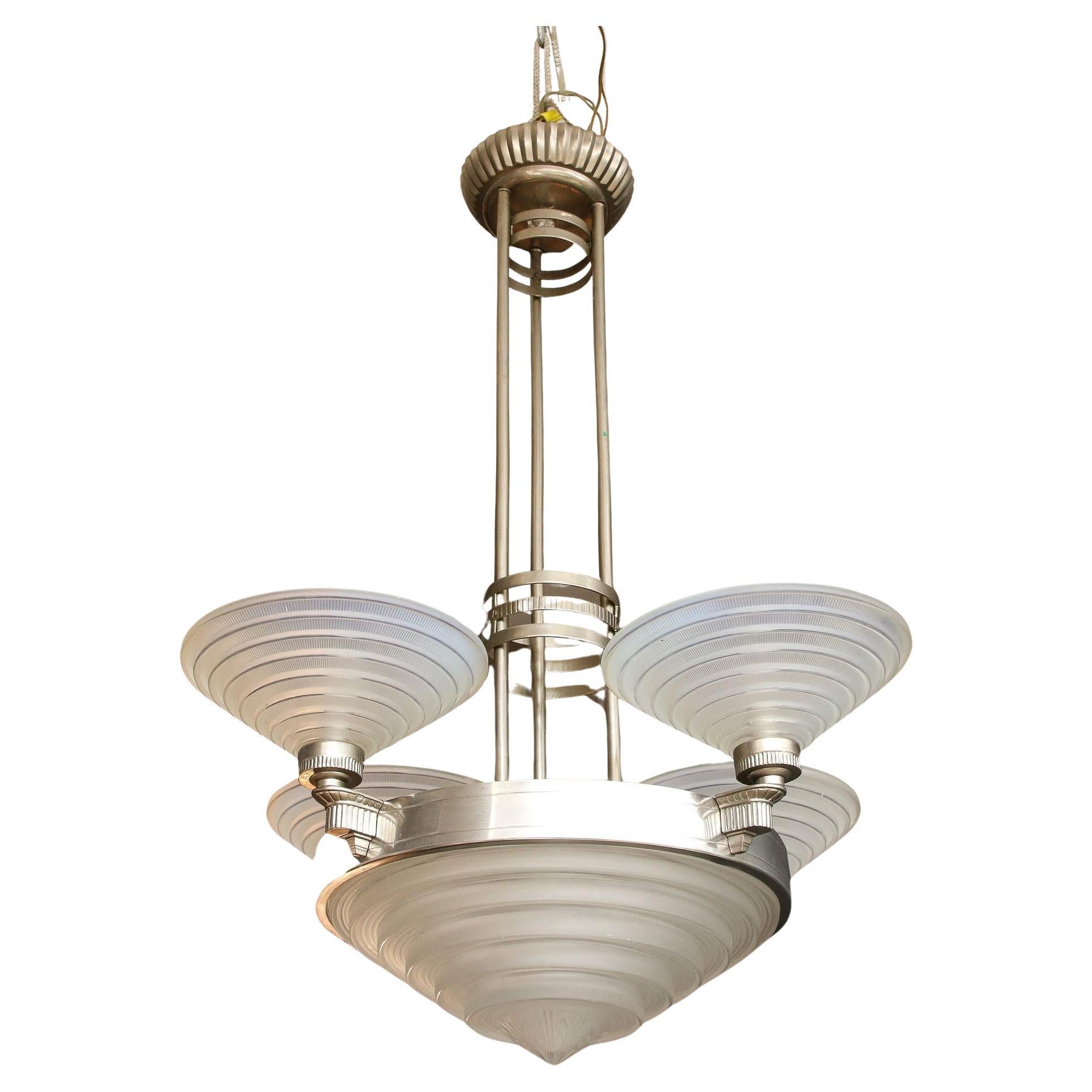 Leleu Art Deco Four Arm Chandelier with Frosted Glass Shades For Sale