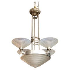 Leleu Art Deco Four Arm Chandelier with Frosted Glass Shades