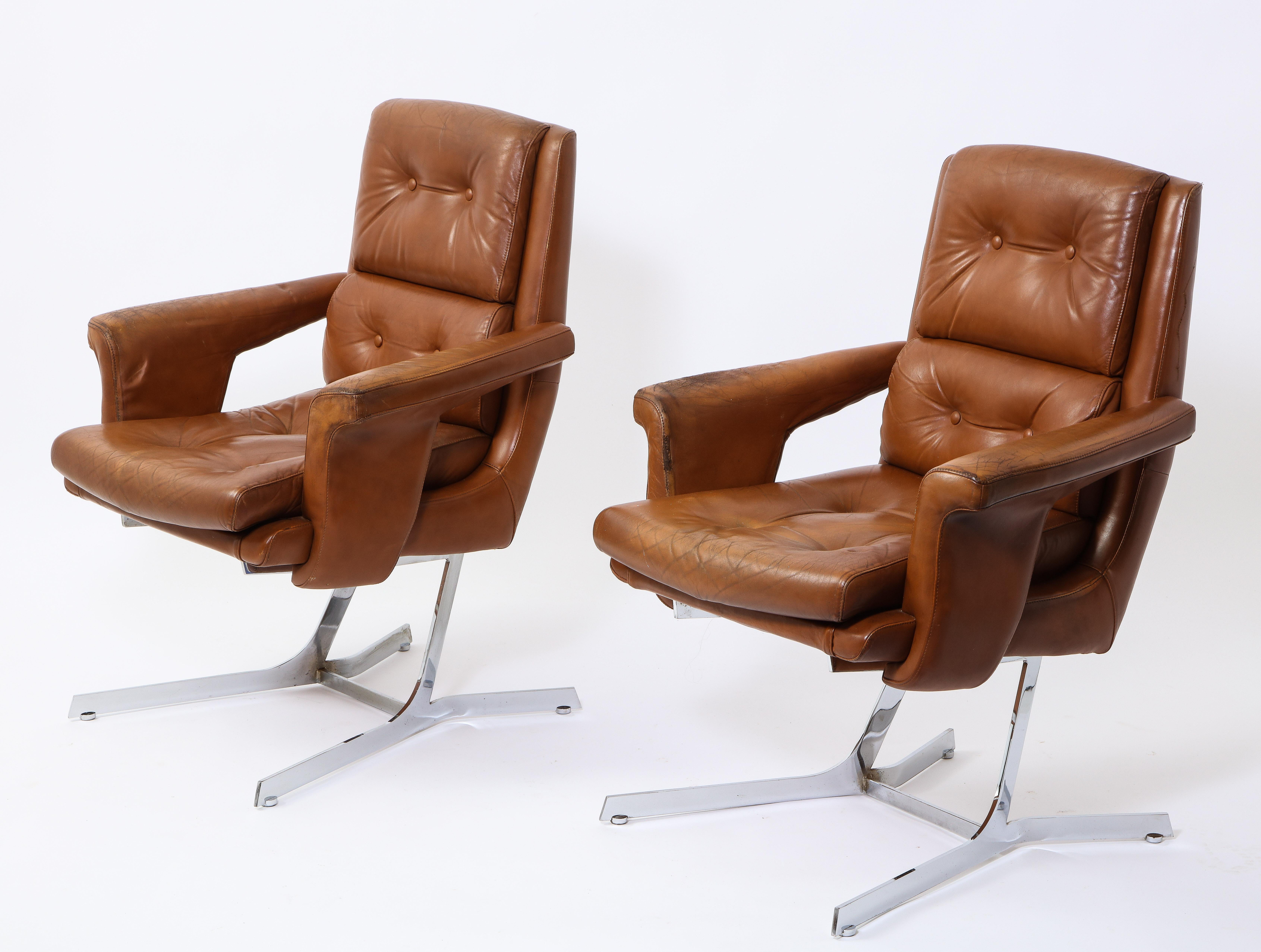 Mid-Century Modern Leleu-Deshaye Leather and Chrome Armchairs, France 1965 For Sale