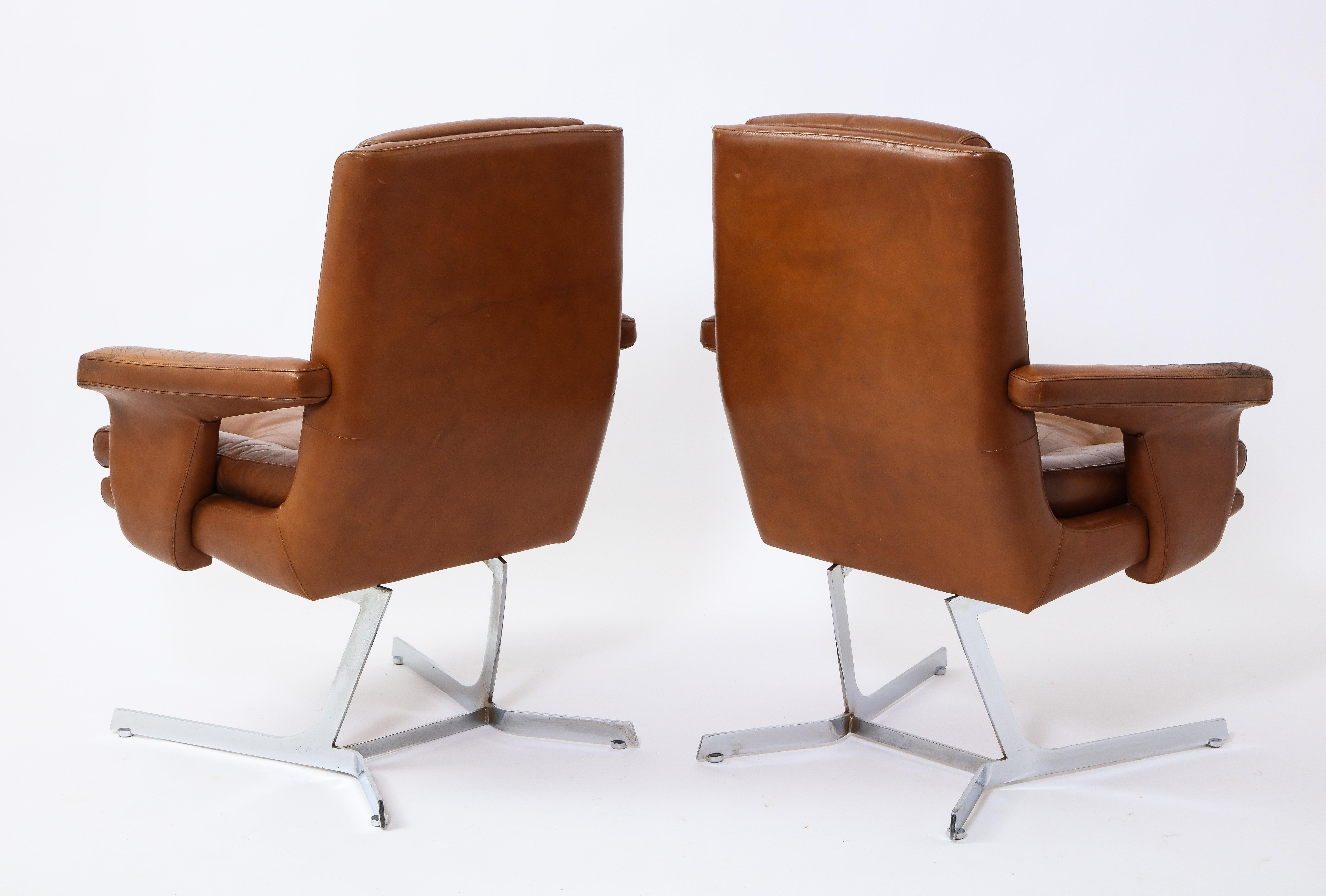 20th Century Leleu-Deshaye Leather and Chrome Armchairs, France 1965 For Sale