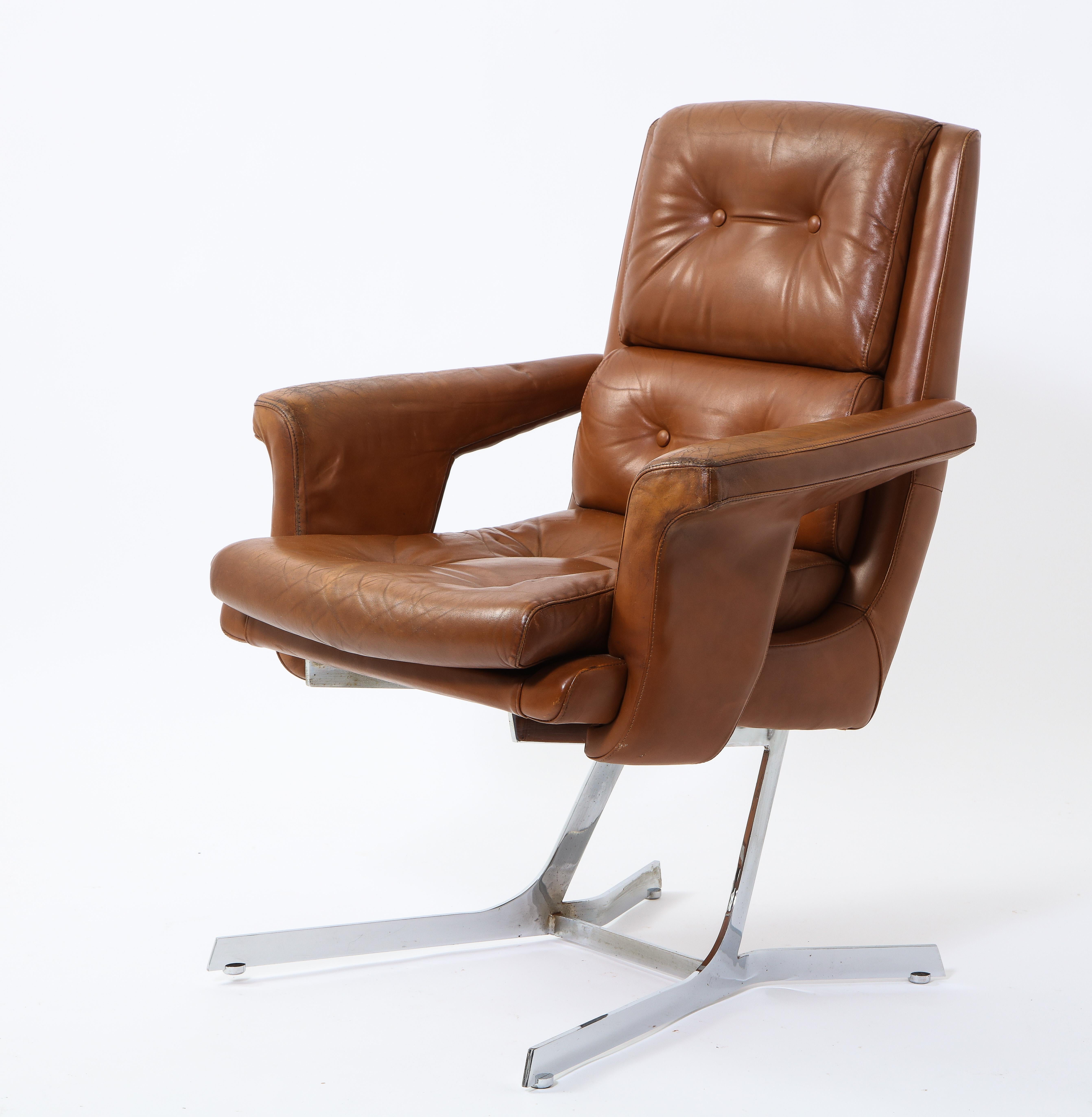 Leleu-Deshaye Leather and Chrome Armchairs, France 1965 For Sale 1