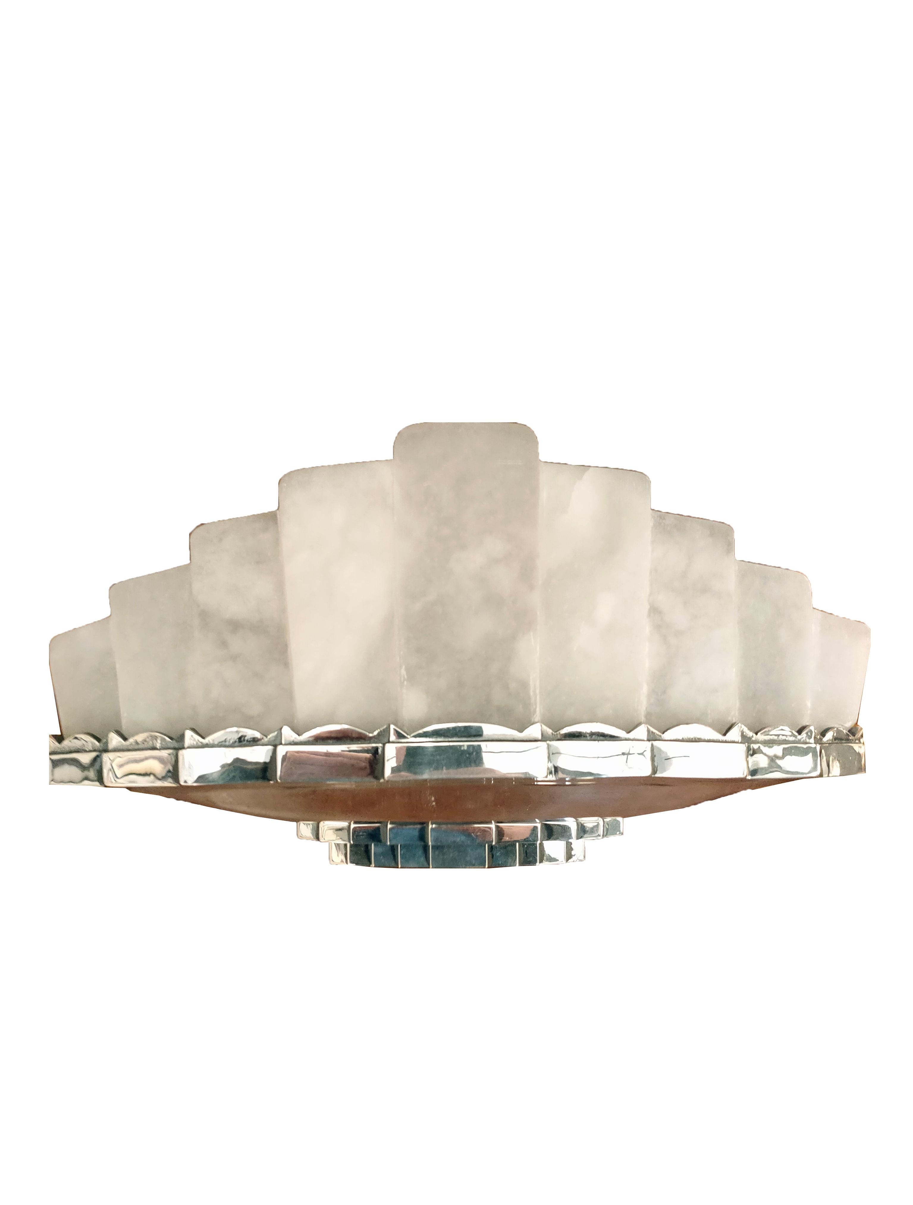 French Leleu, Pair of Art Deco Sconces, Alabaster, Silver Plated Bronze Frames. 1929 For Sale