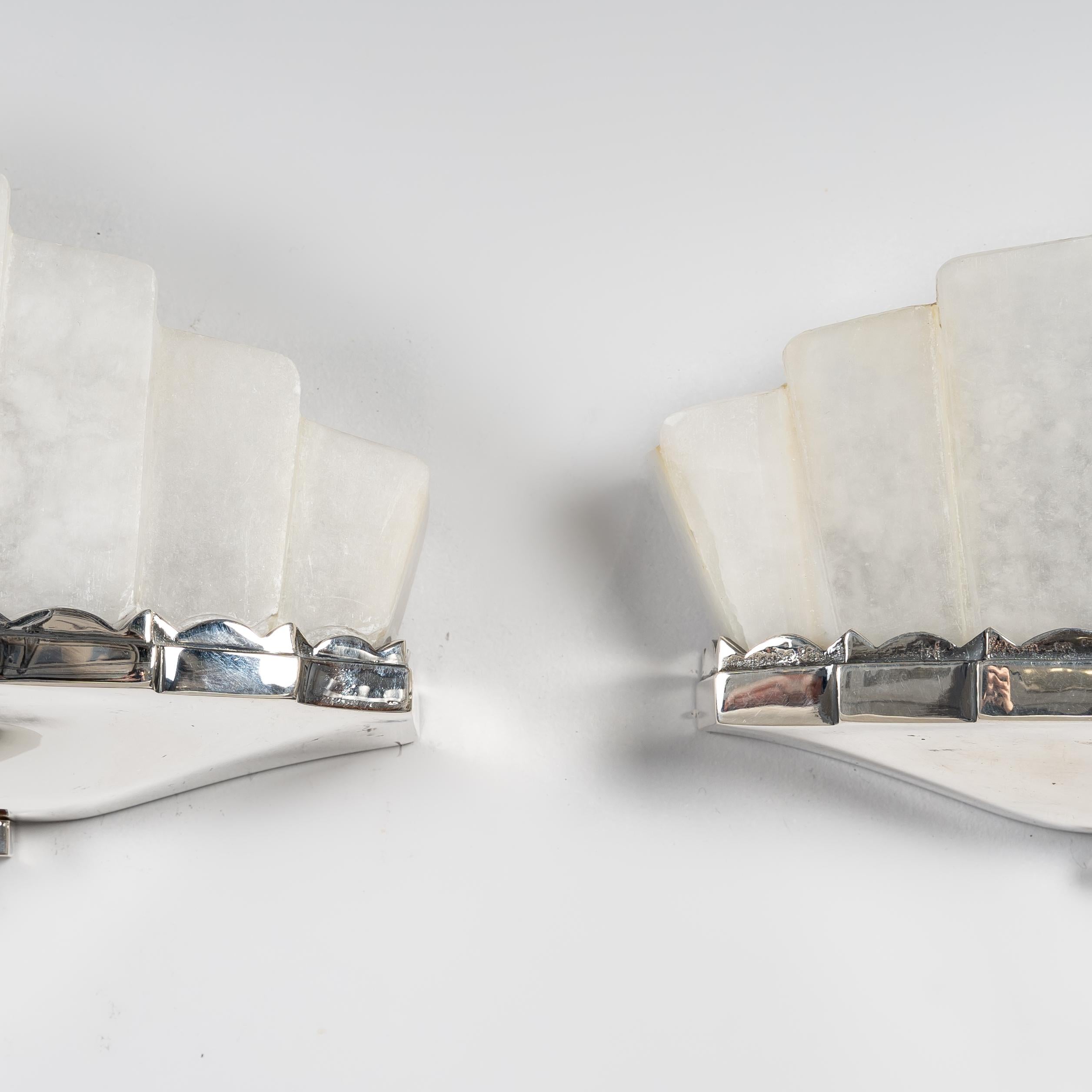 Early 20th Century Leleu, Pair of Art Deco Sconces, Alabaster, Silver Plated Bronze Frames. 1929 For Sale