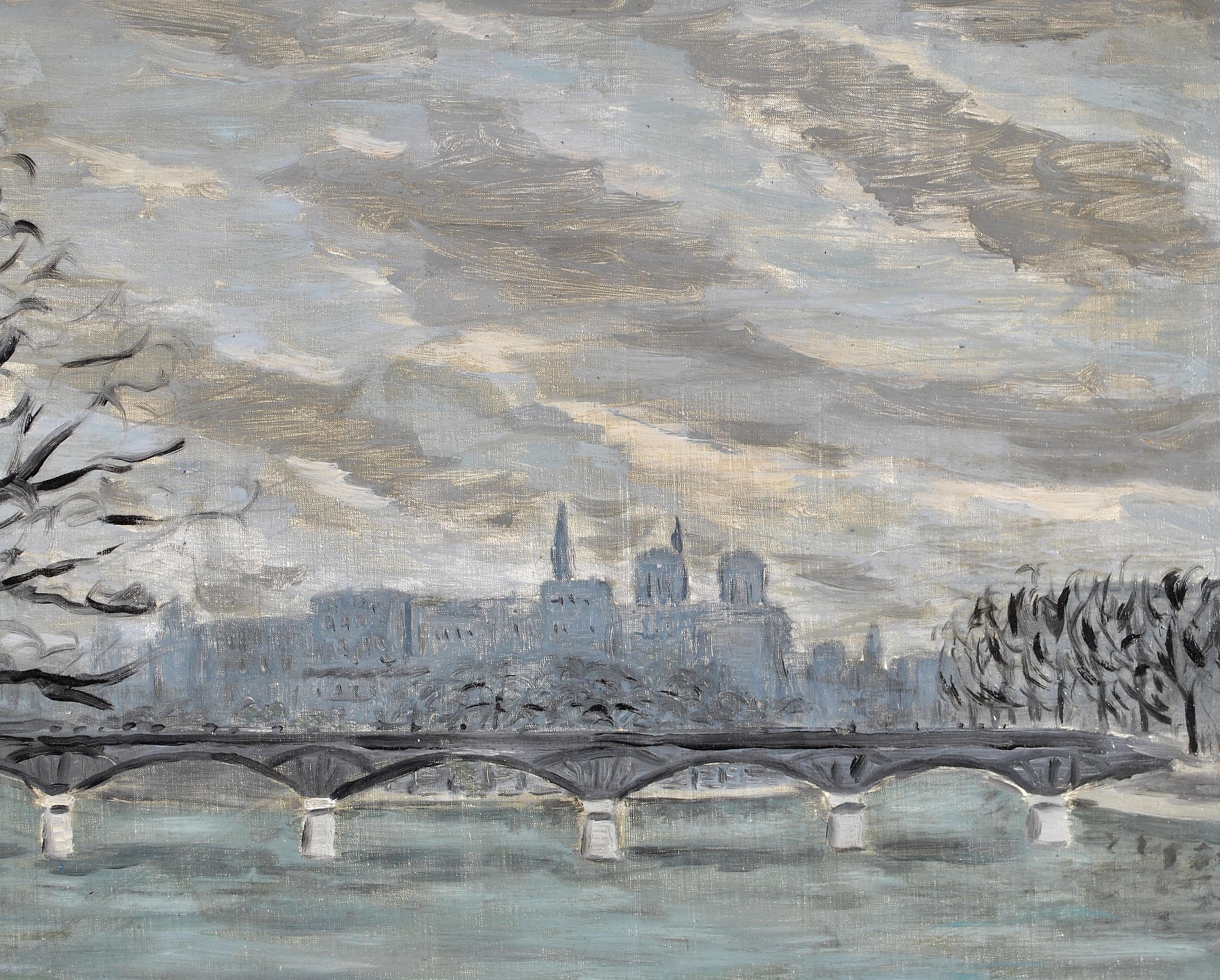 Französisches impressionistisches Gemälde „La Seine“ aus den 1930er Jahren, Öl auf Leinwand, Pariser Flussstadt – Painting von Lelia Caetani