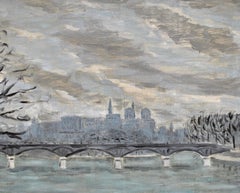 Französisches impressionistisches Gemälde „La Seine“ aus den 1930er Jahren, Öl auf Leinwand, Pariser Flussstadt