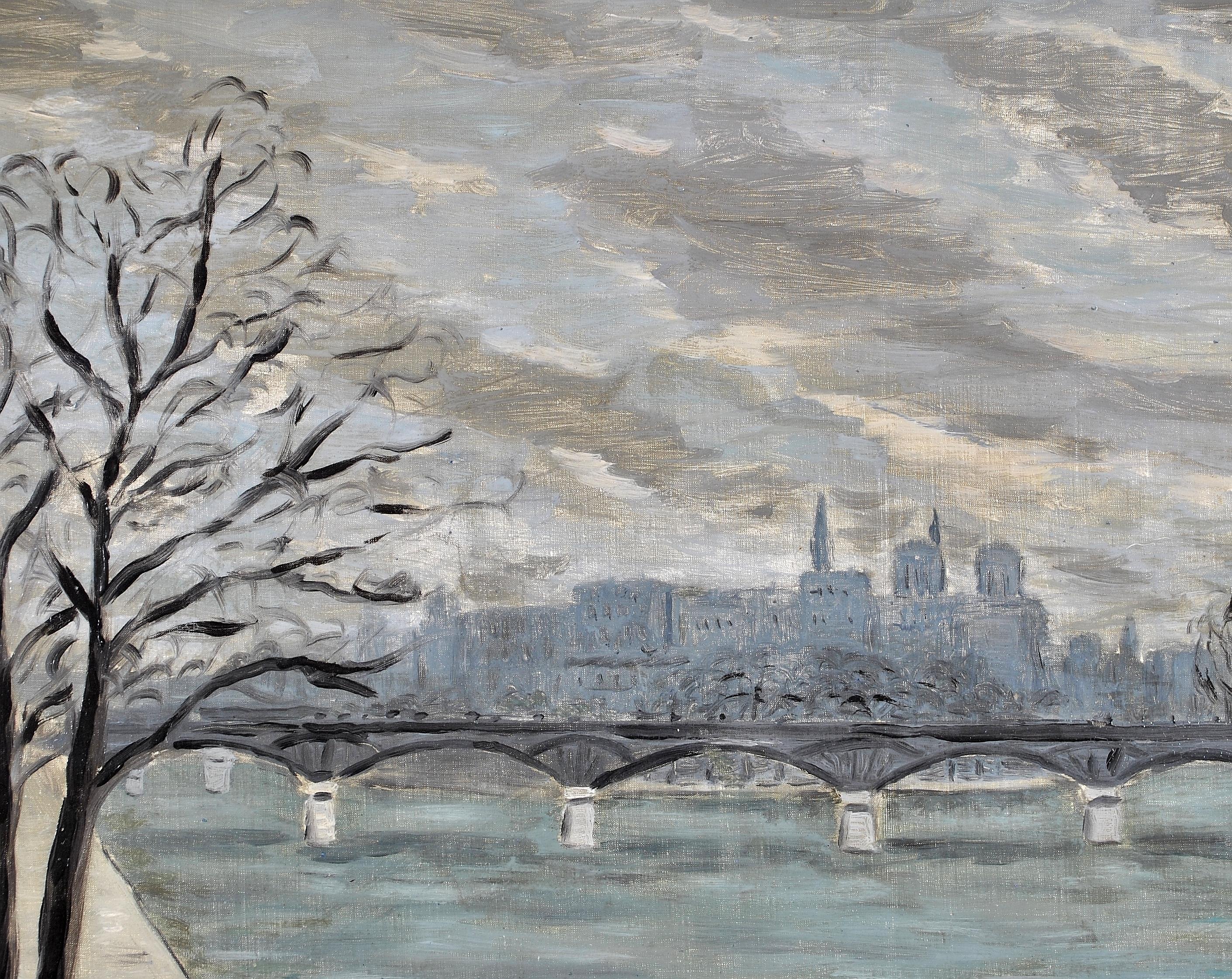 Französisches impressionistisches Gemälde „La Seine“ aus den 1930er Jahren, Öl auf Leinwand, Pariser Flussstadt (Post-Impressionismus), Painting, von Lelia Caetani