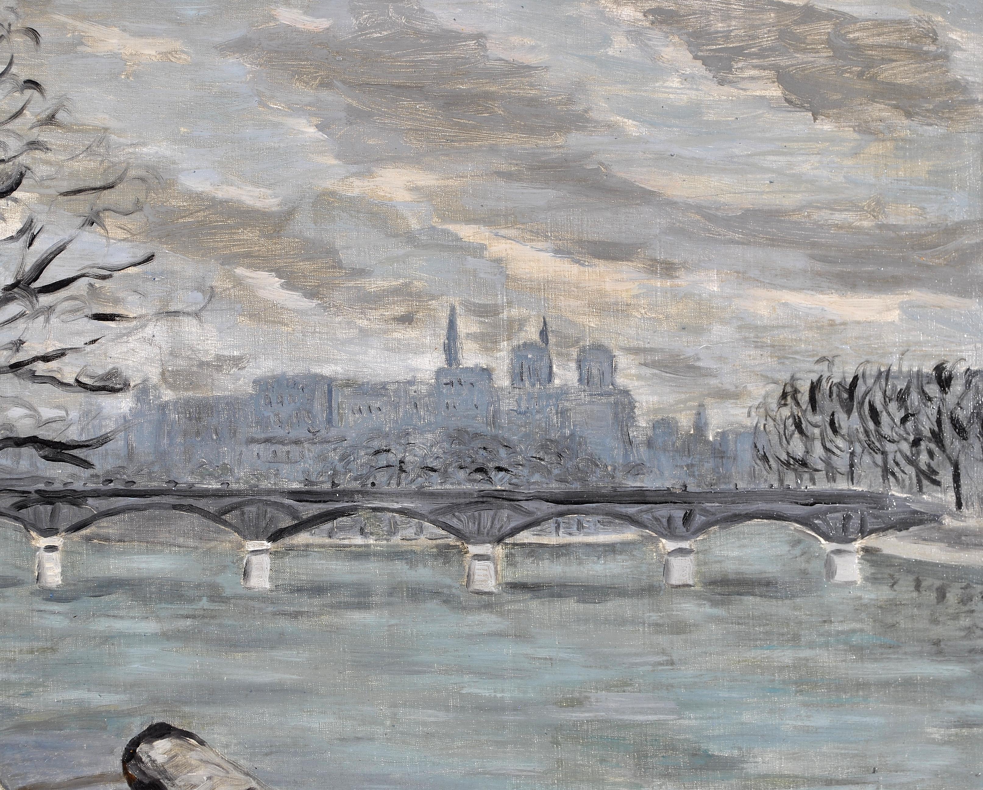 La Seine - 1930's French Impressionist Oil on Canvas Paris River City Painting For Sale 1