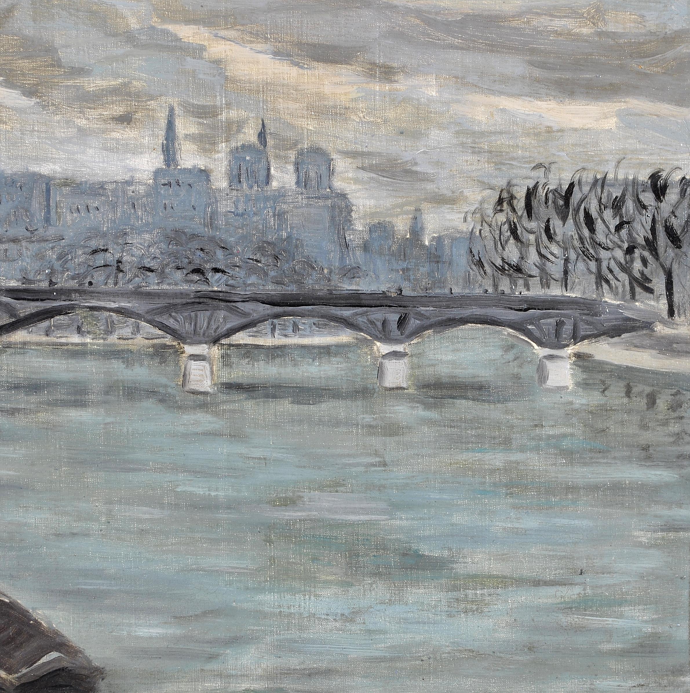Französisches impressionistisches Gemälde „La Seine“ aus den 1930er Jahren, Öl auf Leinwand, Pariser Flussstadt im Angebot 1