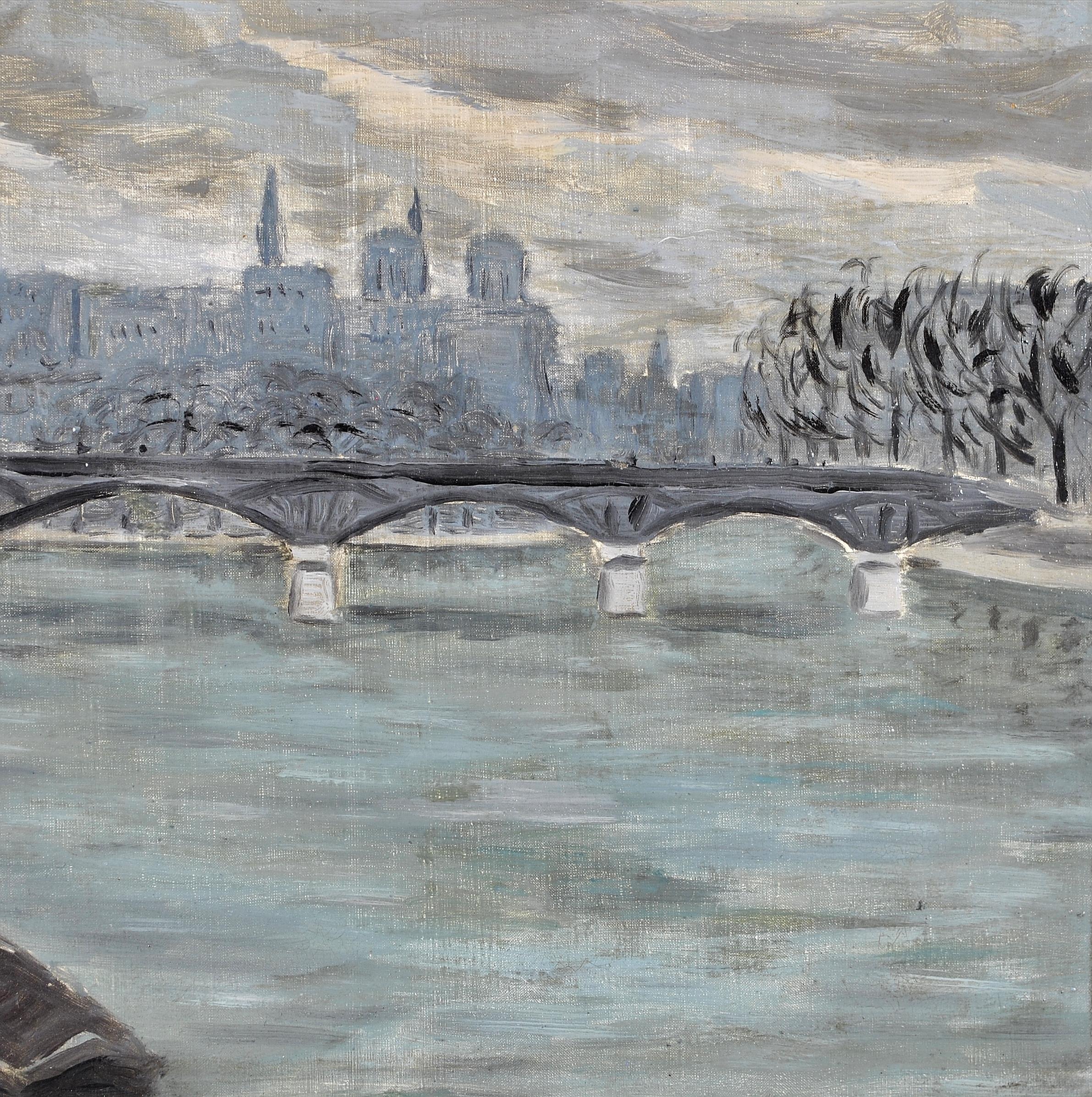 La Seine - Huile sur toile impressionniste française des années 1930 Paris River City Painting en vente 2