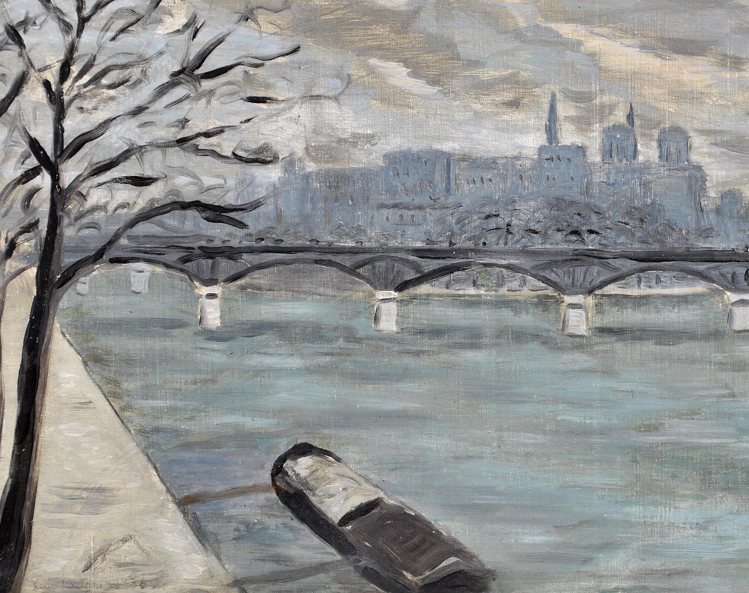 Französisches impressionistisches Gemälde „La Seine“ aus den 1930er Jahren, Öl auf Leinwand, Pariser Flussstadt im Angebot 2