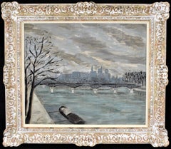 La Seine - Huile sur toile impressionniste française des années 1930 Paris River City Painting