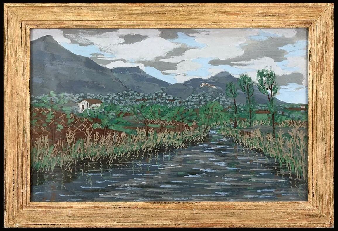 Ein sehr schönes impressionistisches Temperagemälde von Lelia Caetani aus den 1930er Jahren, das den Fluss Ninfa im Garten von Ninfa darstellt, der als der romantischste Garten der Welt bezeichnet wurde. 

Der südlich von Rom gelegene Garten befand