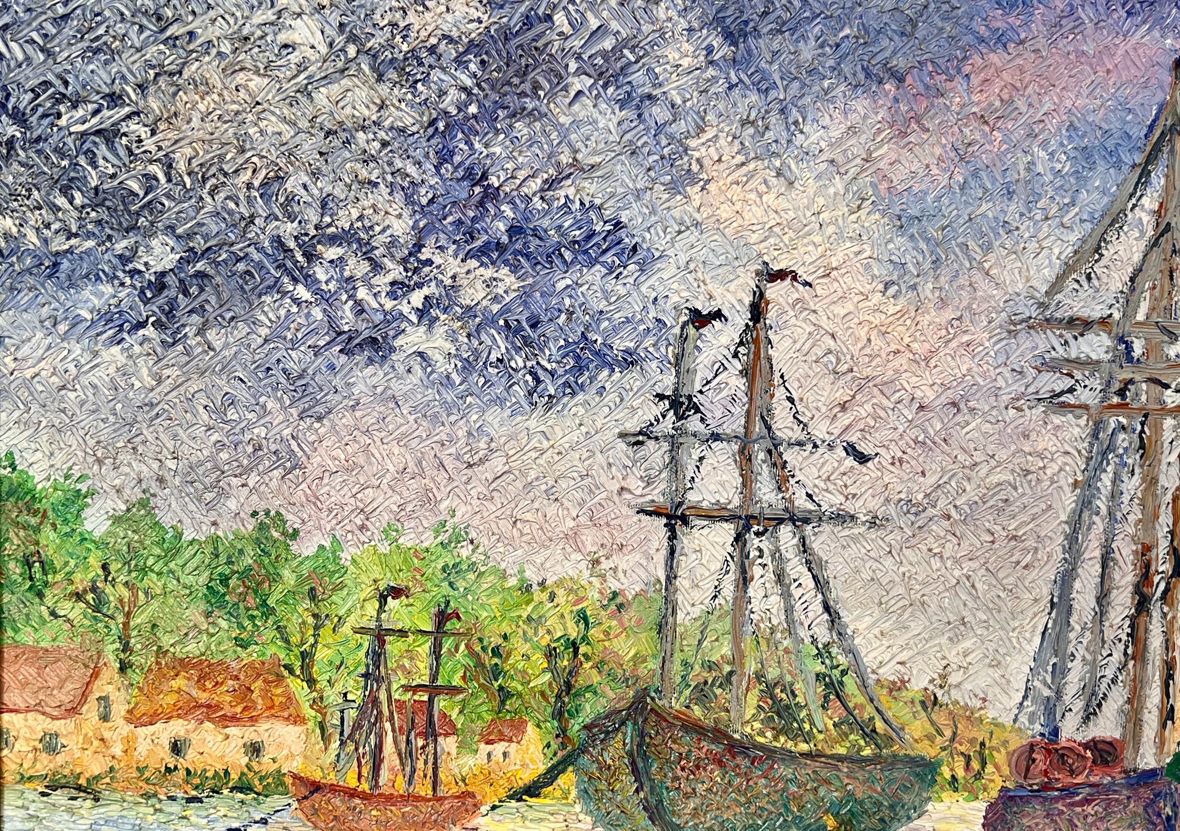 Le port De Taumeck en France is an exquisite oil painting on canvas by Lelia Pissarro, created in the impressionist style. The artwork beautifully captures the scenic port of Taumeck in France, showcasing a delightful combination of vibrant colors