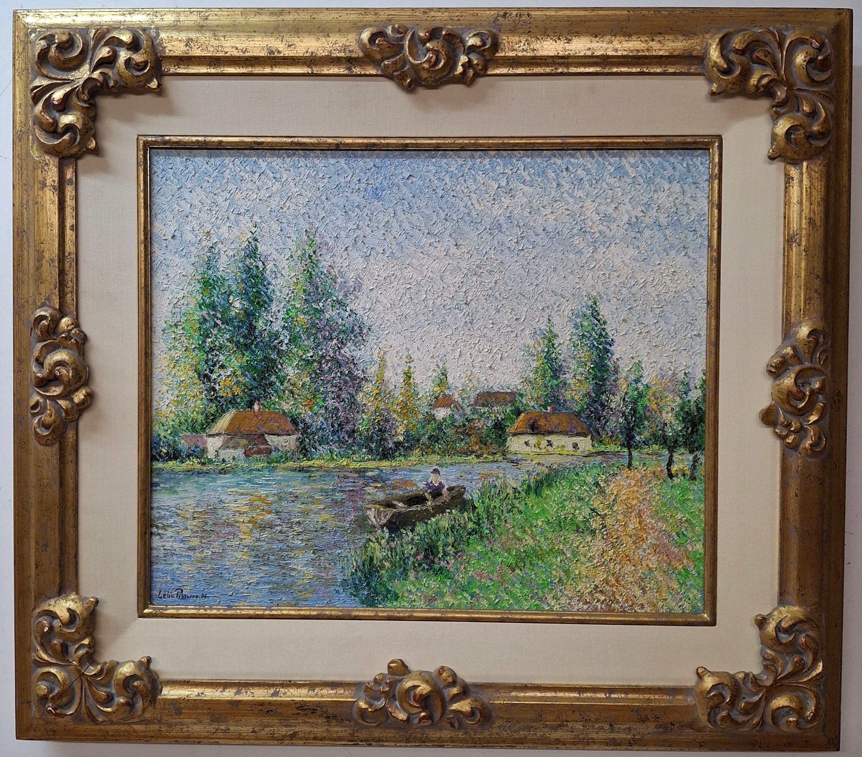 Óleo original de Lelia Pissarro, "Steve, el pescador, en el río, Wallingford"
Óleo sobre lienzo
Firmado y fechado abajo a la izquierda y al dorso junto con el título y la ilustración "fig. 8"

Lienzo: 15,25" alto x 18,25" ancho
Marco: 23,25" de alto
