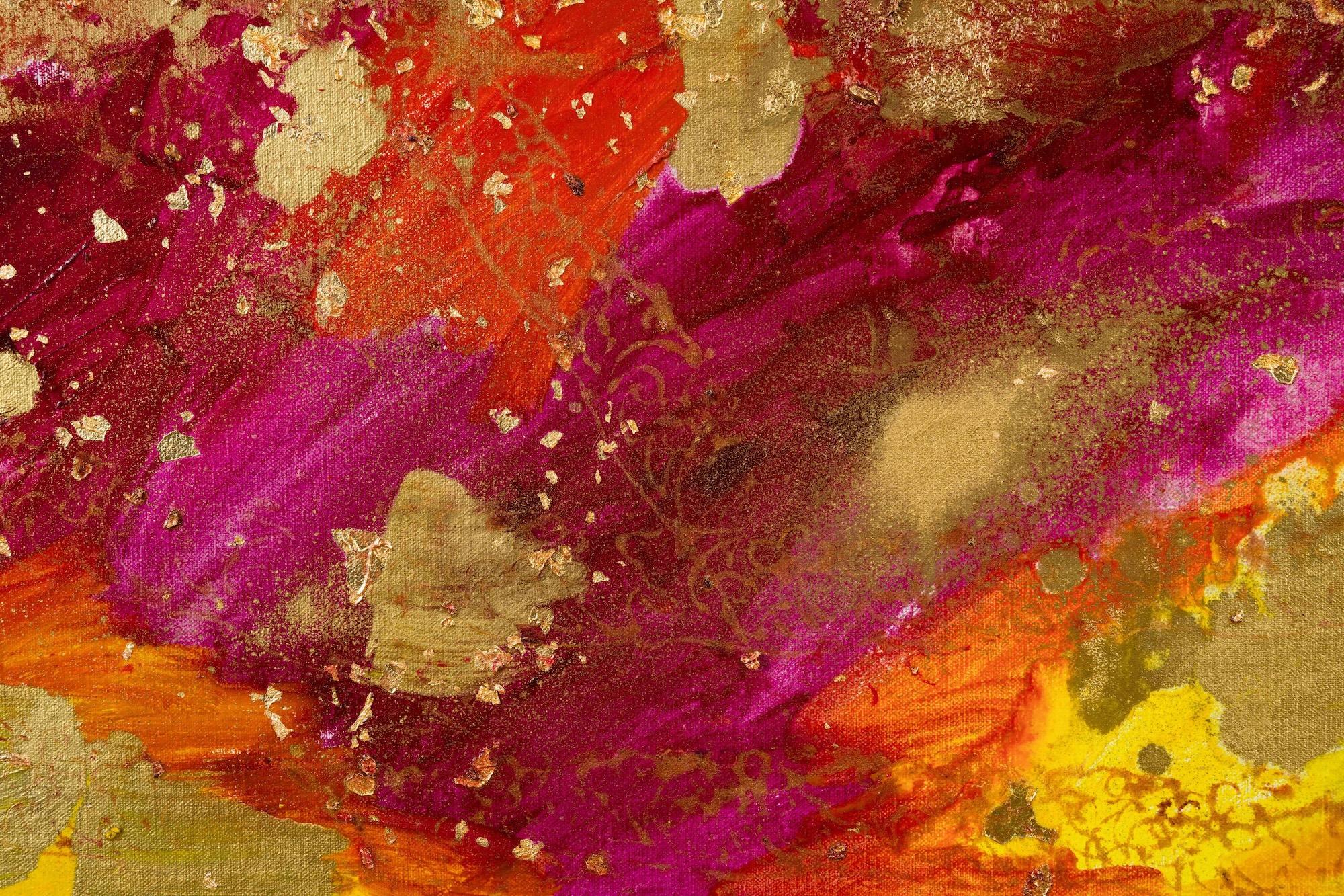 Tu porteras chance von Lélia Pissarro - Abstraktes, lebhaftes, farbenfrohes Gemälde (Gold), Abstract Painting, von Lelia Pissarro