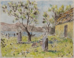 Les Poules de Lyora by Lélia Pissarro - Etching and watercolour on paper