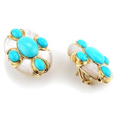 L'Élise Turquoise and Mother Of Pearl Earrings in Yellow Gold