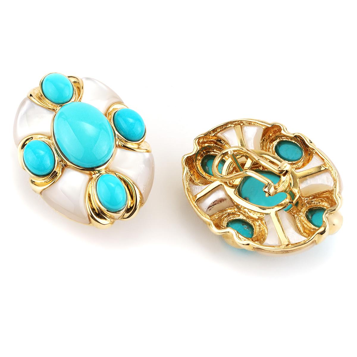 Art nouveau L'Élise Boucles d'oreilles or jaune turquoise et nacre en vente