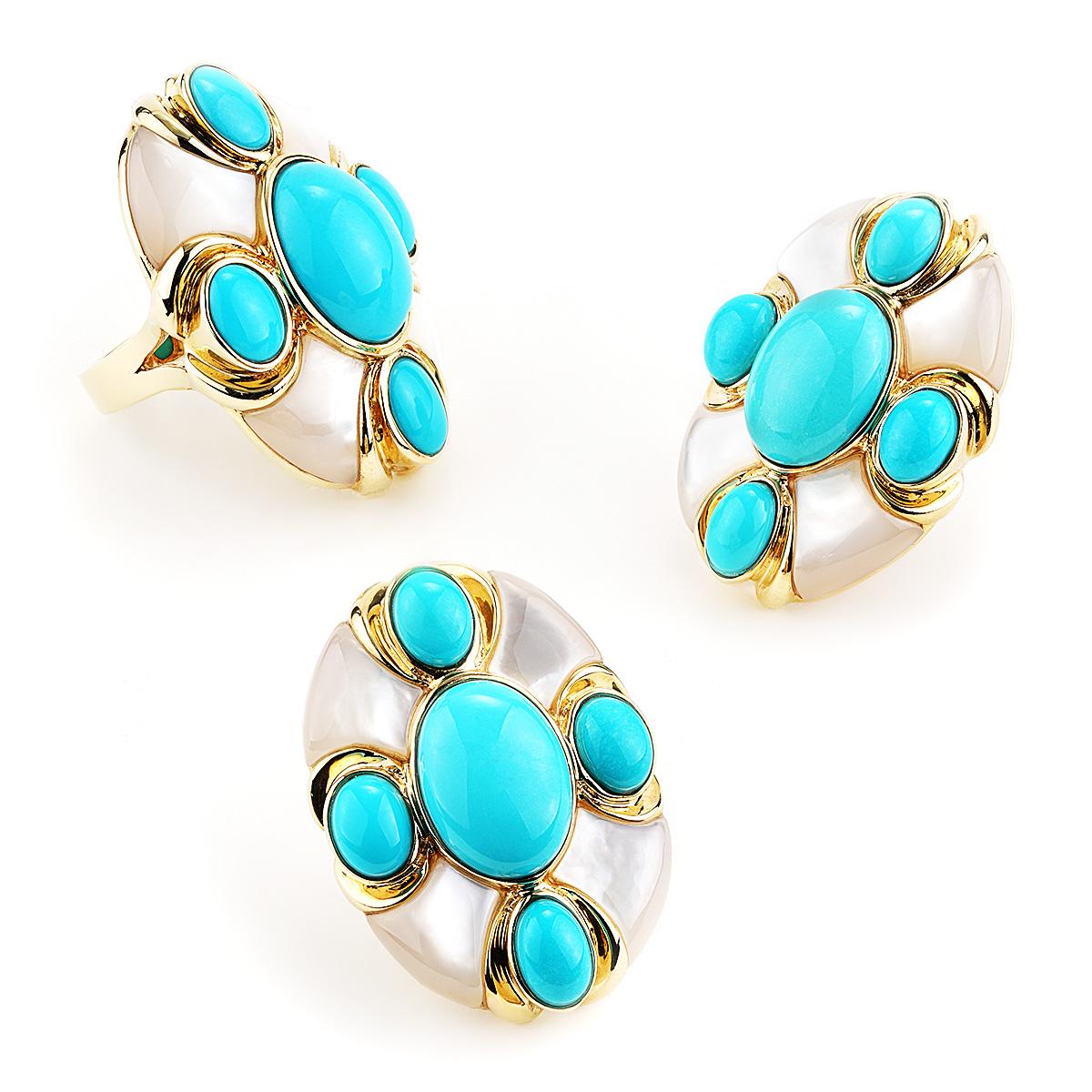 Taille cabochon L'Élise Boucles d'oreilles or jaune turquoise et nacre en vente