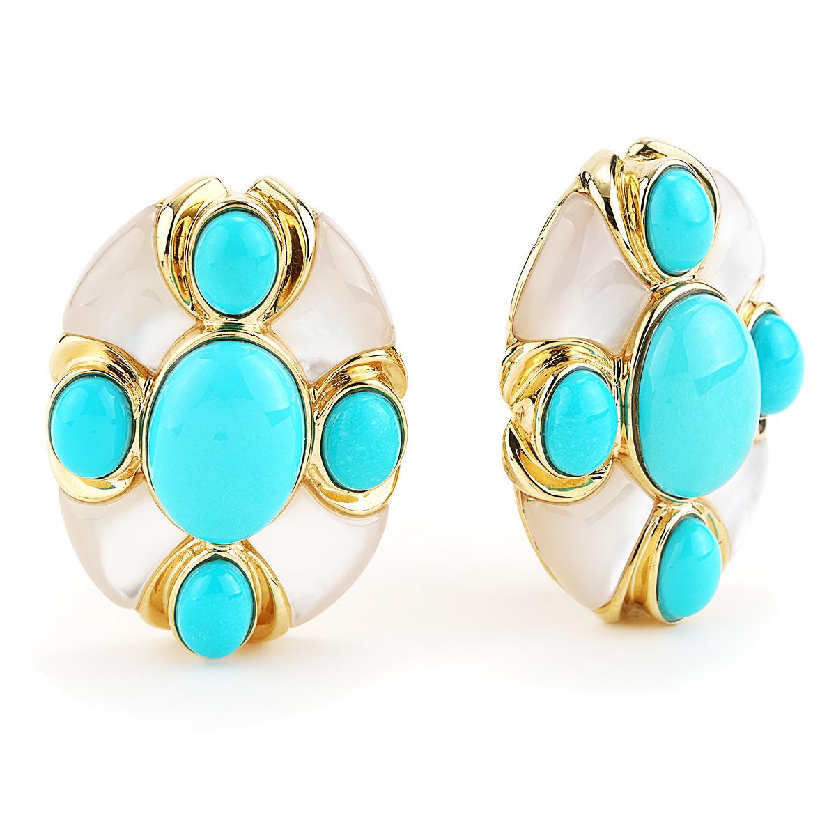 L'Élise Boucles d'oreilles or jaune turquoise et nacre Neuf - En vente à Chicago, IL