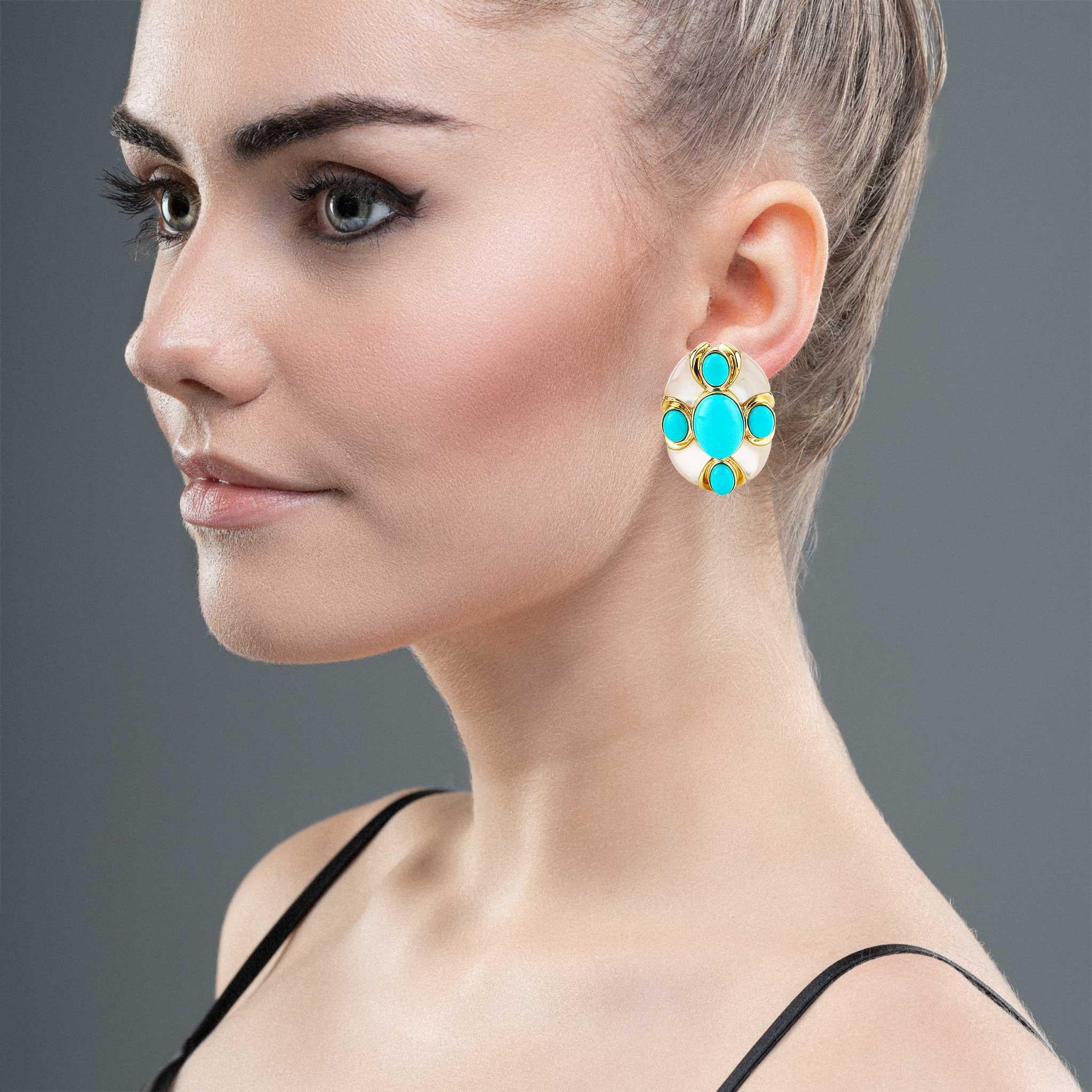 L'Élise Boucles d'oreilles or jaune turquoise et nacre en vente 1