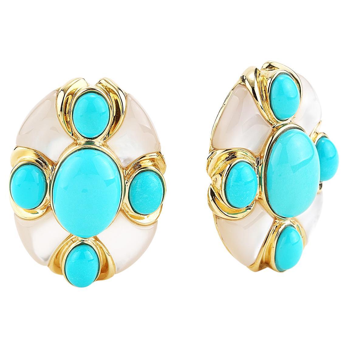 L'Élise Turquoise and Mother Of Pearl Earrings in Yellow Gold
