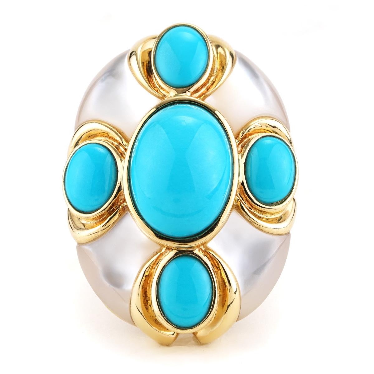 Art Nouveau Anello L'Élise con turchese e madreperla in oro giallo in vendita