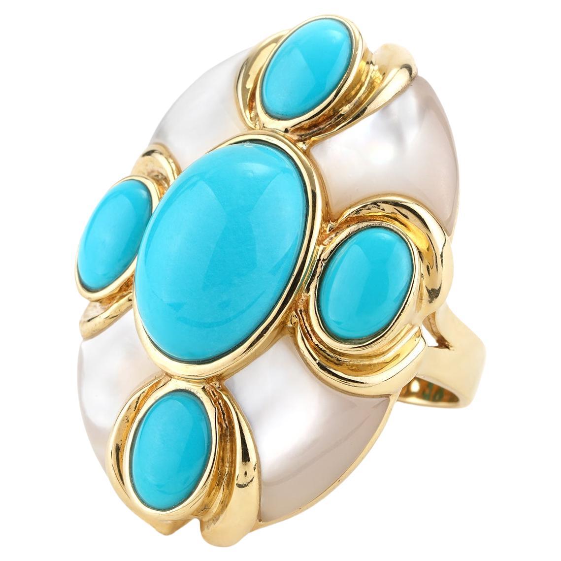 L'Élise Turquoise and Mother Of Pearl Ring in Yellow Gold