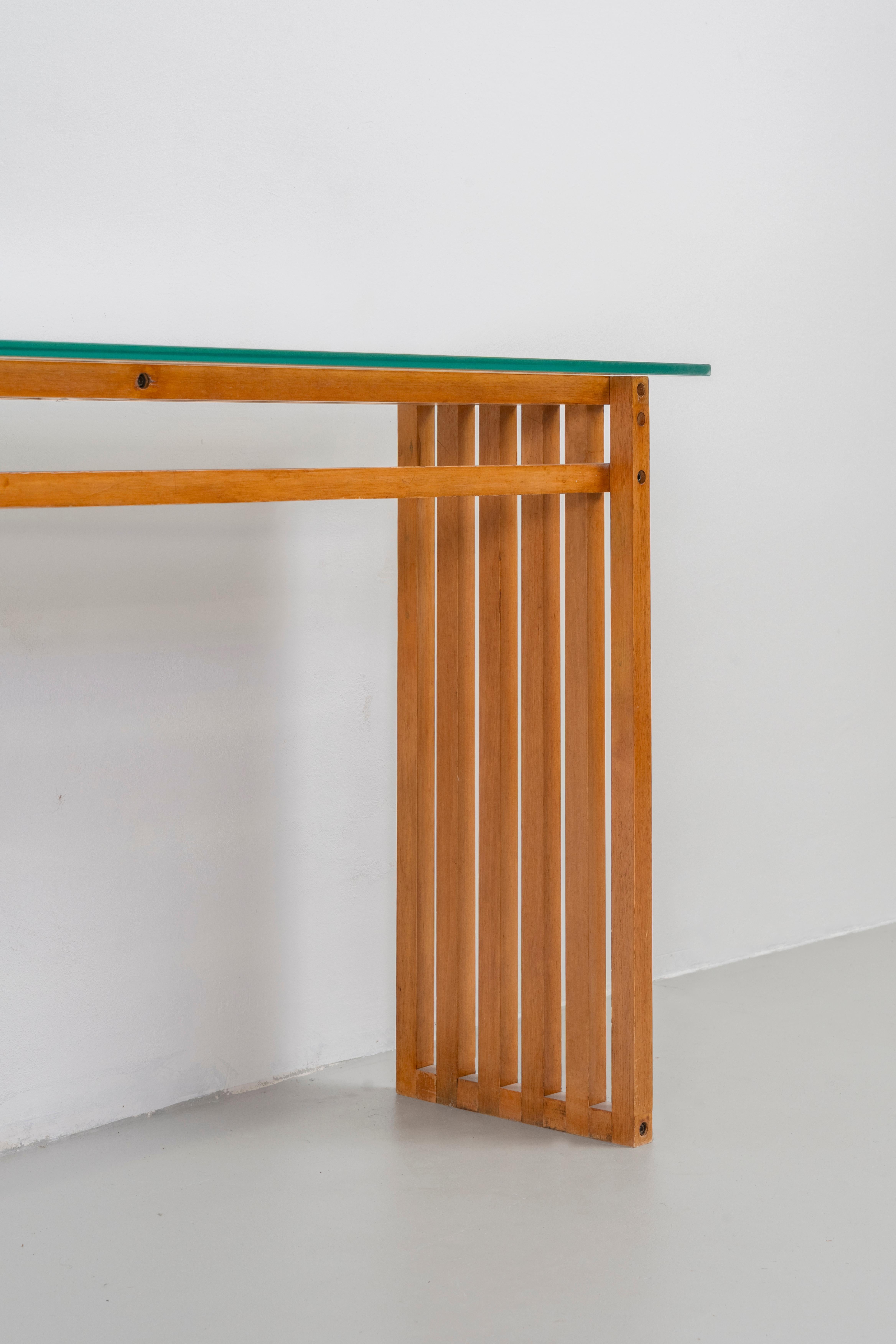 Mid-Century Modern Lella & Massimo Vignelli Ara Console Table in Wood and Glass by Driade 1970s For Sale