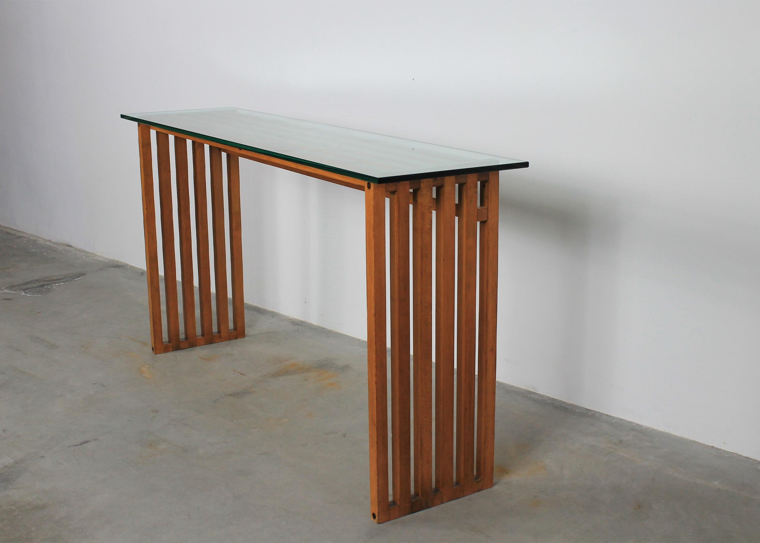 Italian Lella & Massimo Vignelli Ara Console Table in Wood and Glass by Driade 1974  For Sale