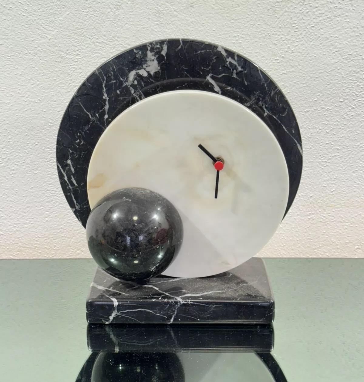 Italian Lella & Massimo Vignelli Style Marble Desk Clock 1980's Design For Sale
