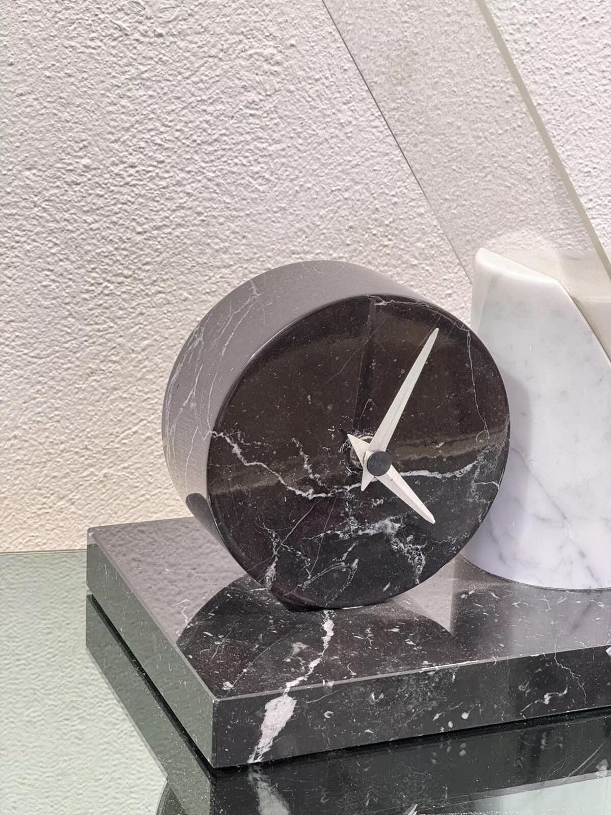 Italian Lella & Massimo Vignelli Style Marble Desk Clock 1980's Design For Sale