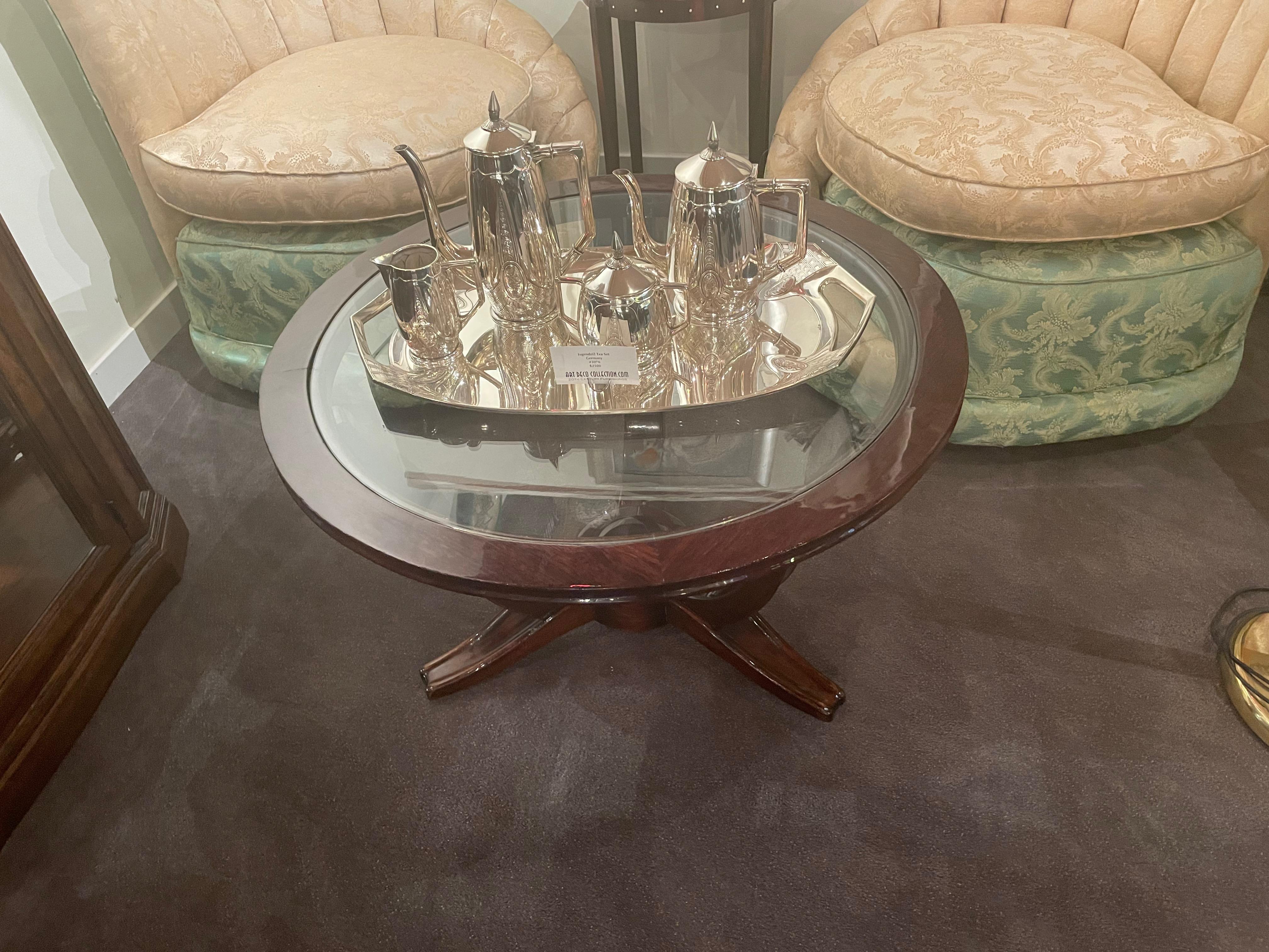 Lelu Style Art Deco French Round Wood Coffee Table with Glass Top In Good Condition For Sale In Oakland, CA