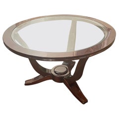 Tavolino rotondo in legno con piano in vetro in stile Art Déco francese Lelu