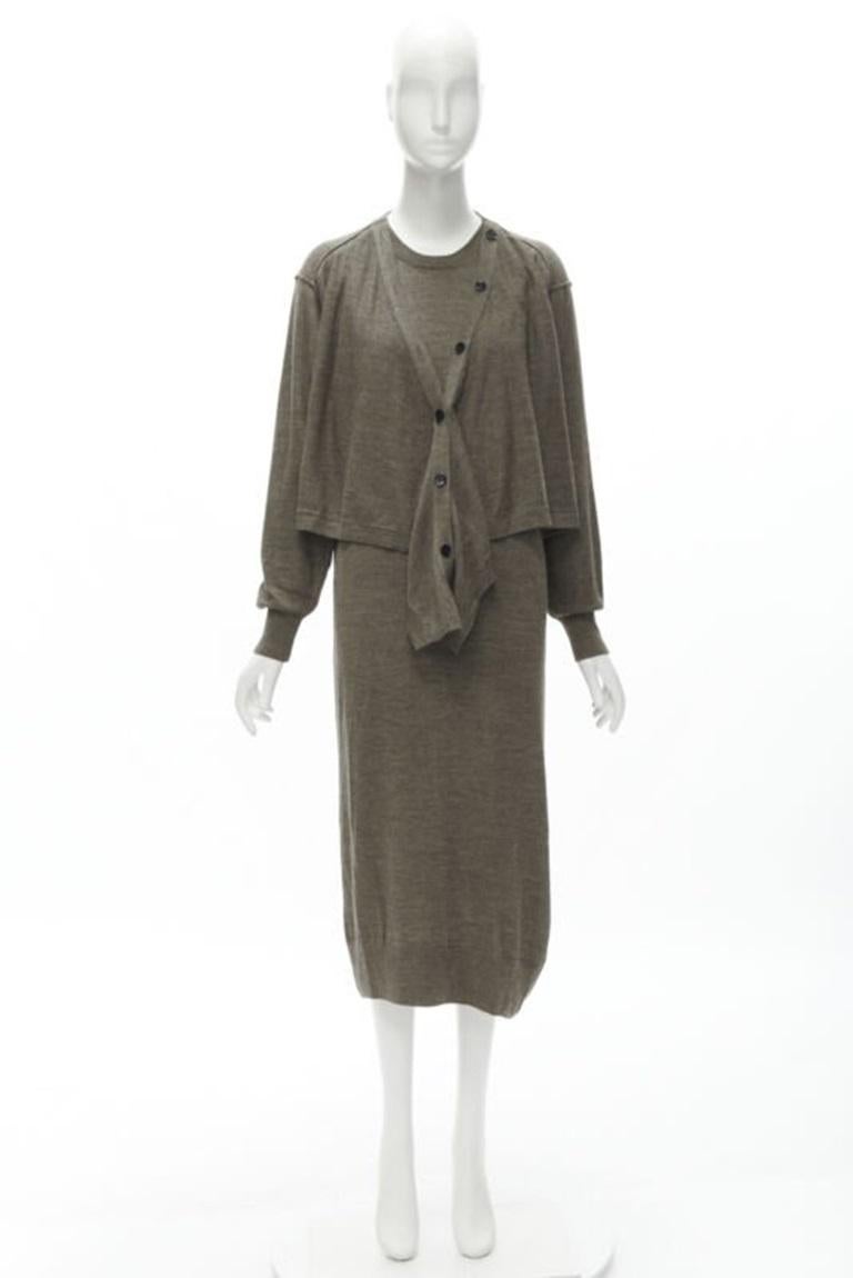 LEMAIRE marrón lana merino mezcla corbata frente cardigan suéter vestido XS en venta 5